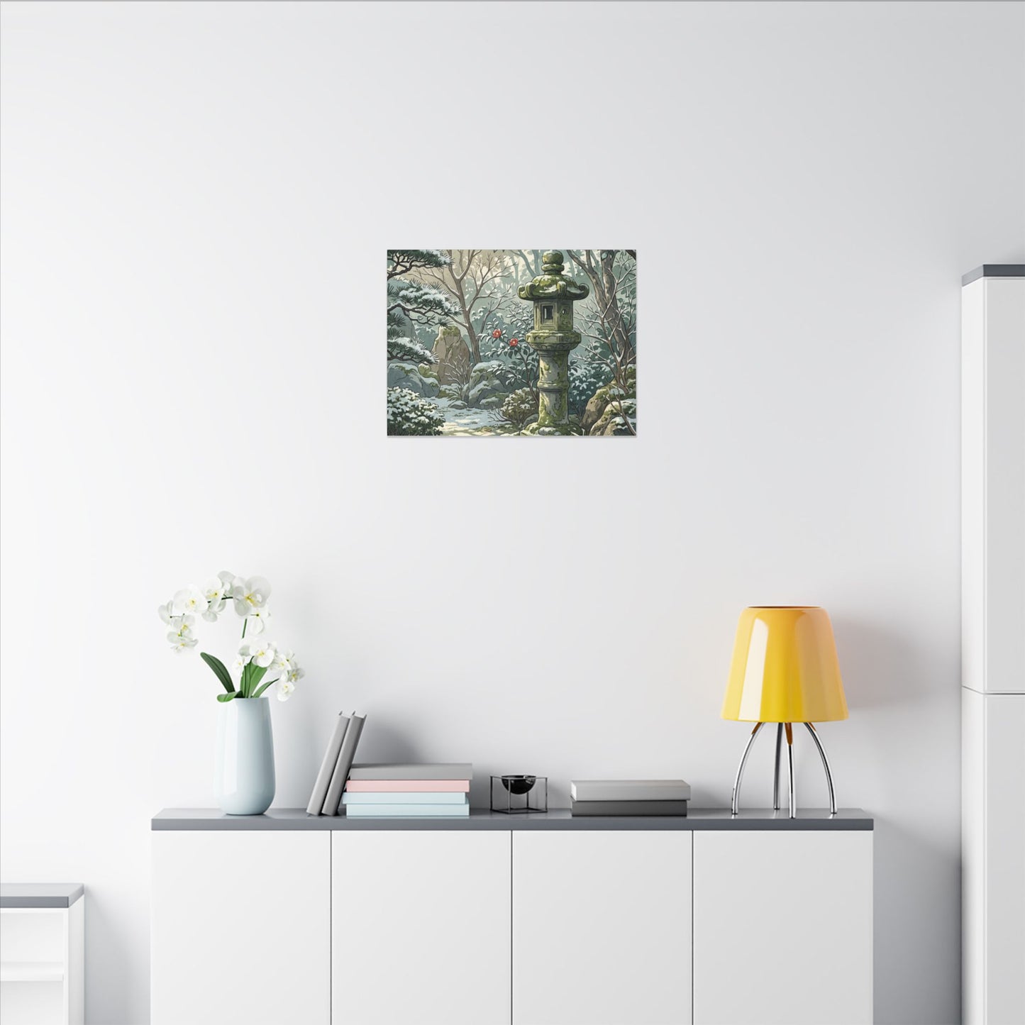 Stone Lantern Winter Canvas Art | Japandi Warm Design