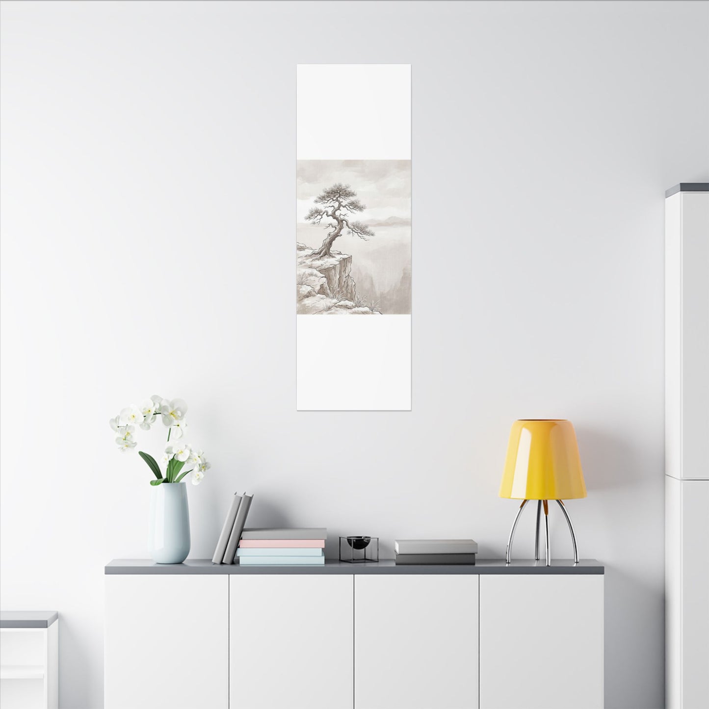 Neutral Pine Tree Canvas Art - Minimal Line Japandi