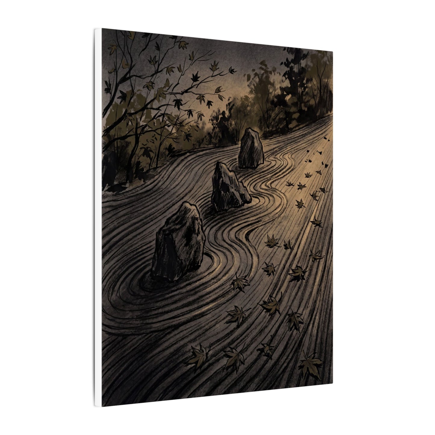 Rock Garden Canvas Art | Autumn Dark Japandi Charcoal Ink Art