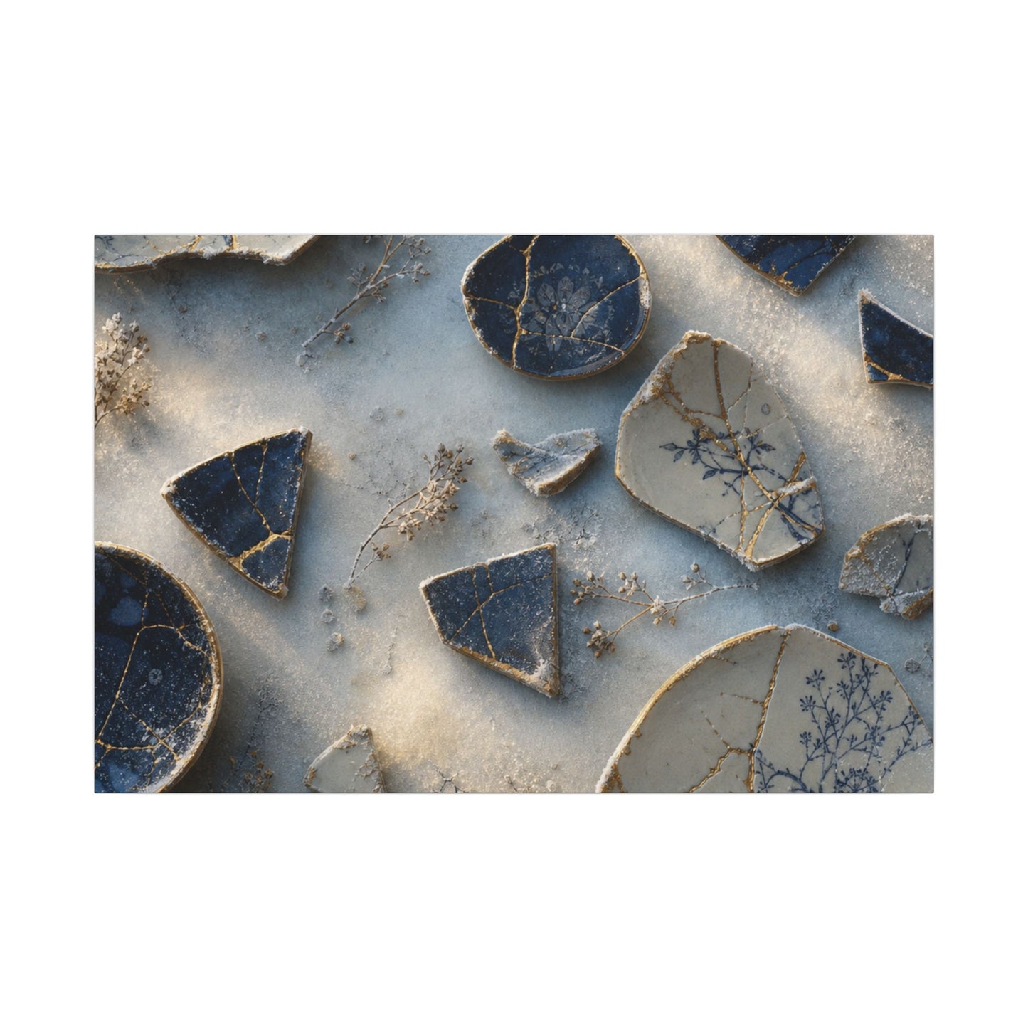 Broken Pottery Canvas Art | Winter Kintsugi Gold Vein Art