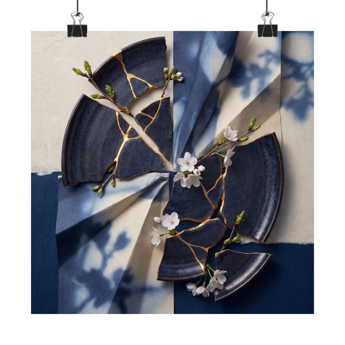 Kintsugi Paper Fold in Moonlight | Gold Repair Wall Art Print