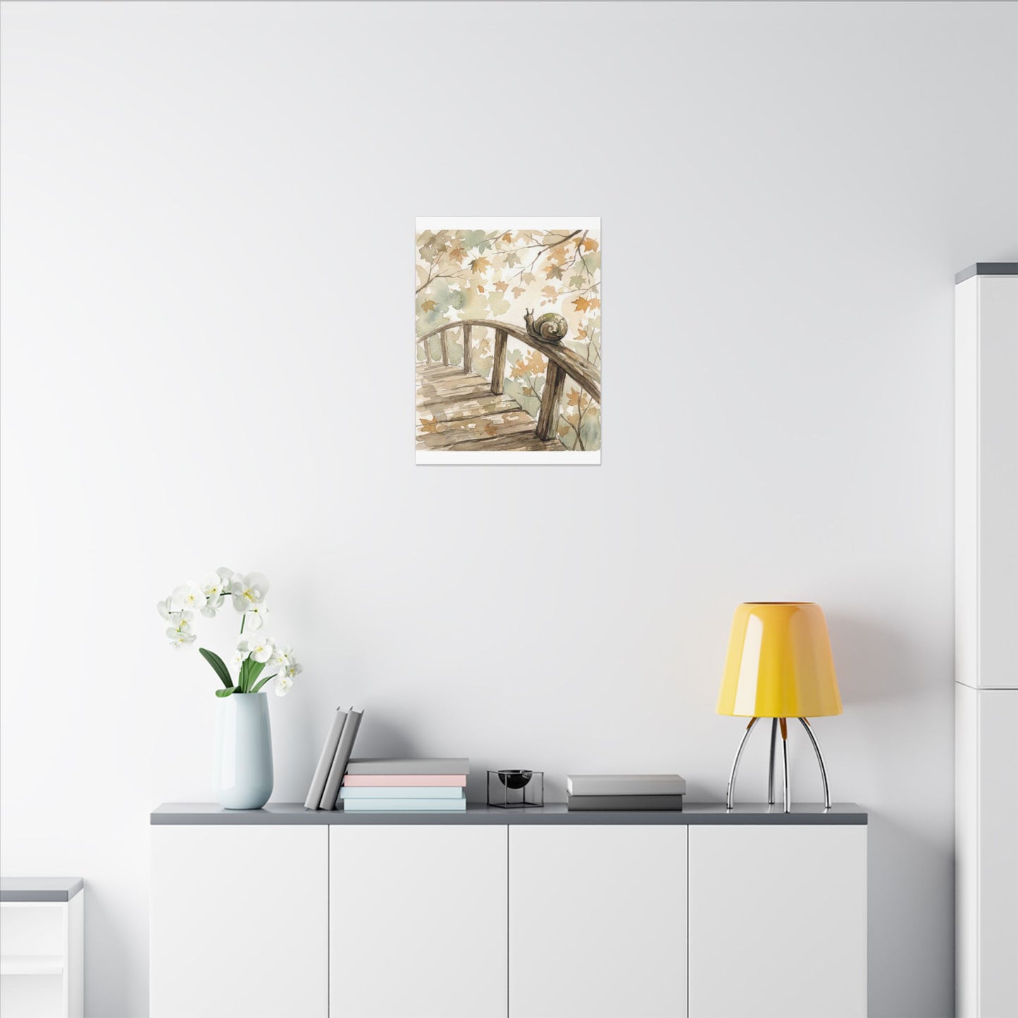 Wooden Bridge Canvas Art | Autumn Japandi Watercolor Art