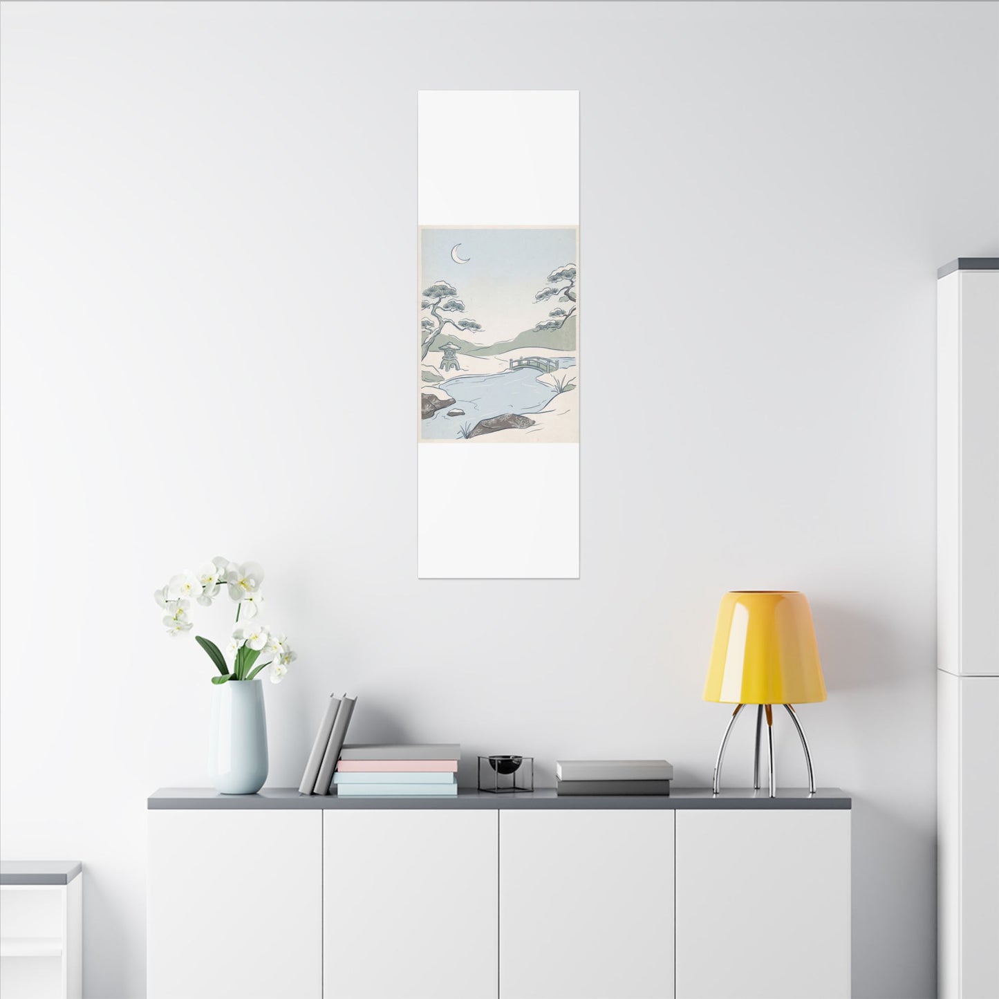 Japandi Moonlit Garden in Moonlight | Minimal Line Canvas Art