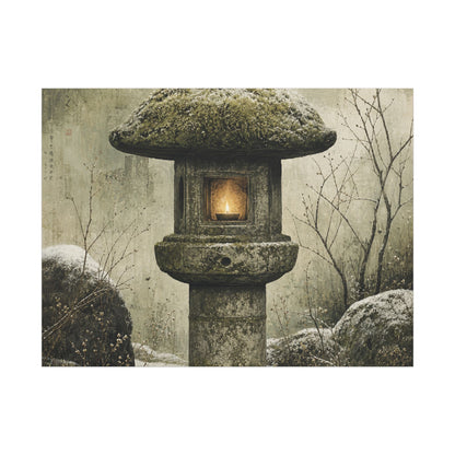 Stone Lantern Winter Canvas Art | Japandi Neutral Design