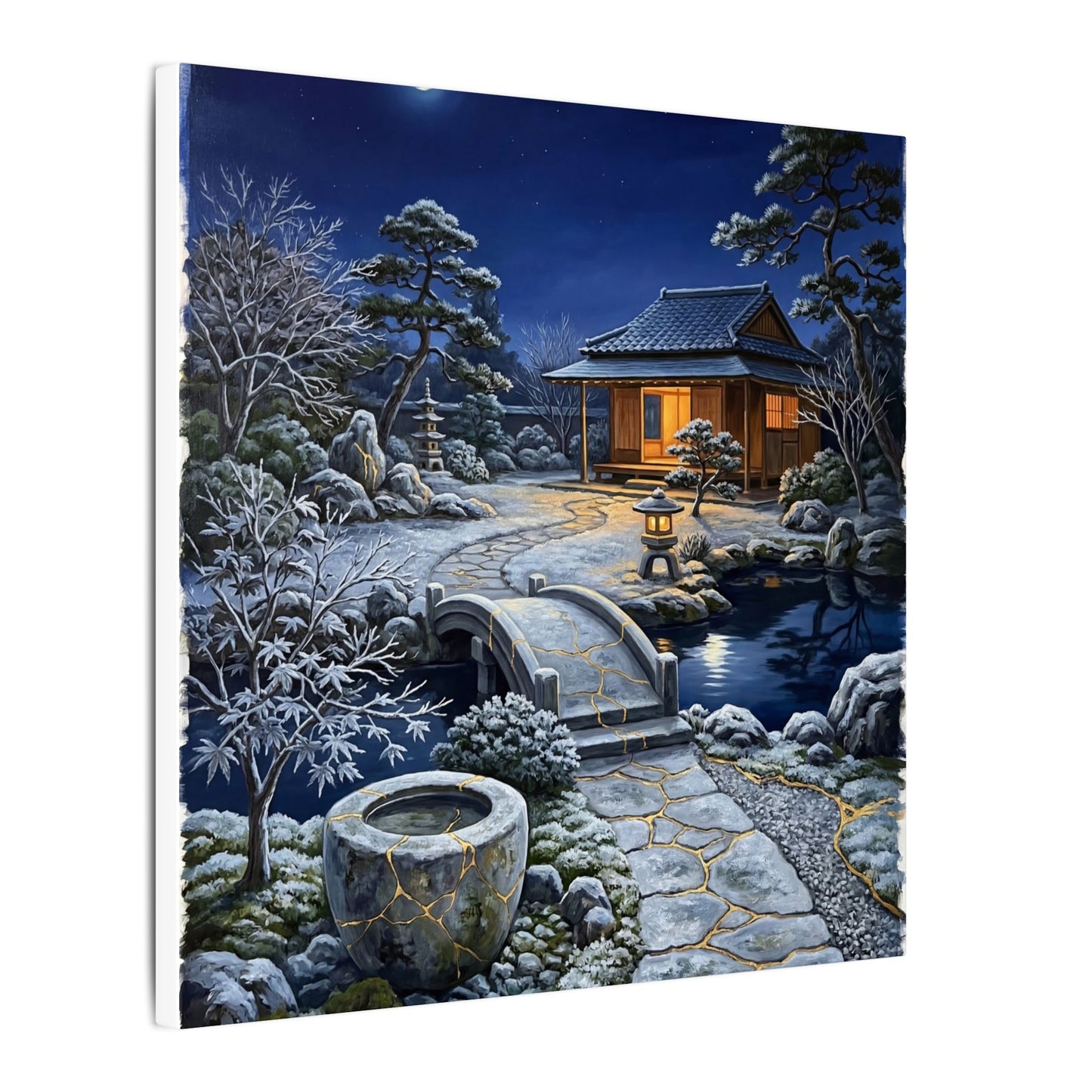 Moonlit Garden Winter Canvas Art | Kintsugi Artful Design