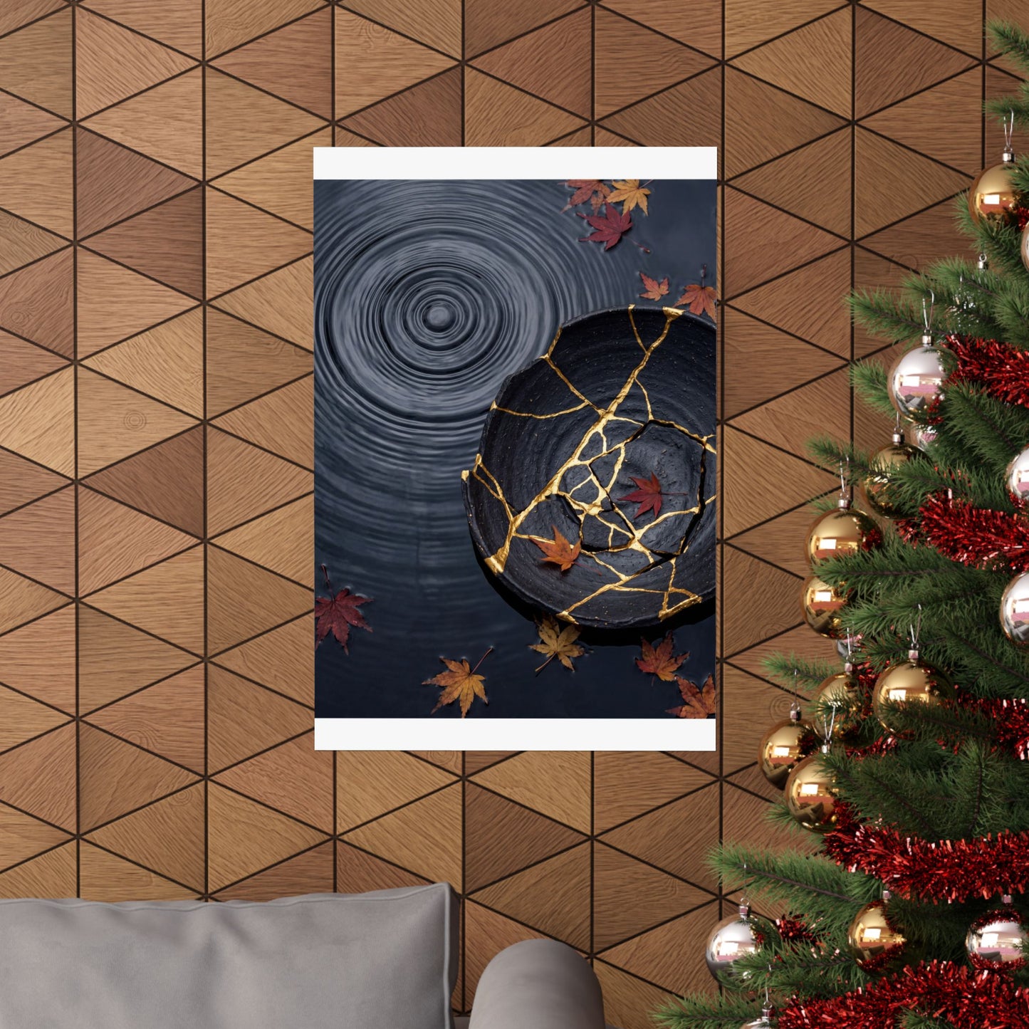 Kintsugi Water Ripple in Overcast | Gold Repair Wall Art Print