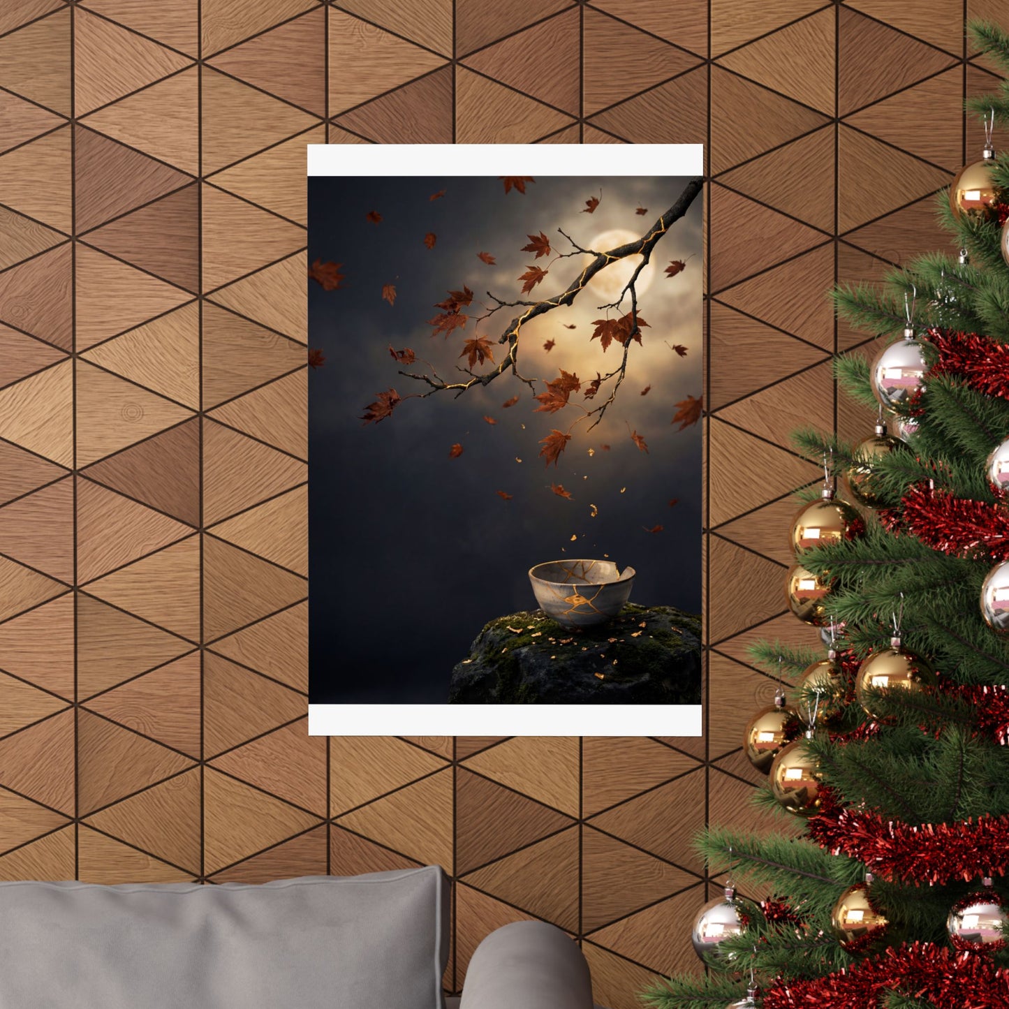 Kintsugi Moonlit Garden in Golden Hour | Gold Repair Wall Art Print