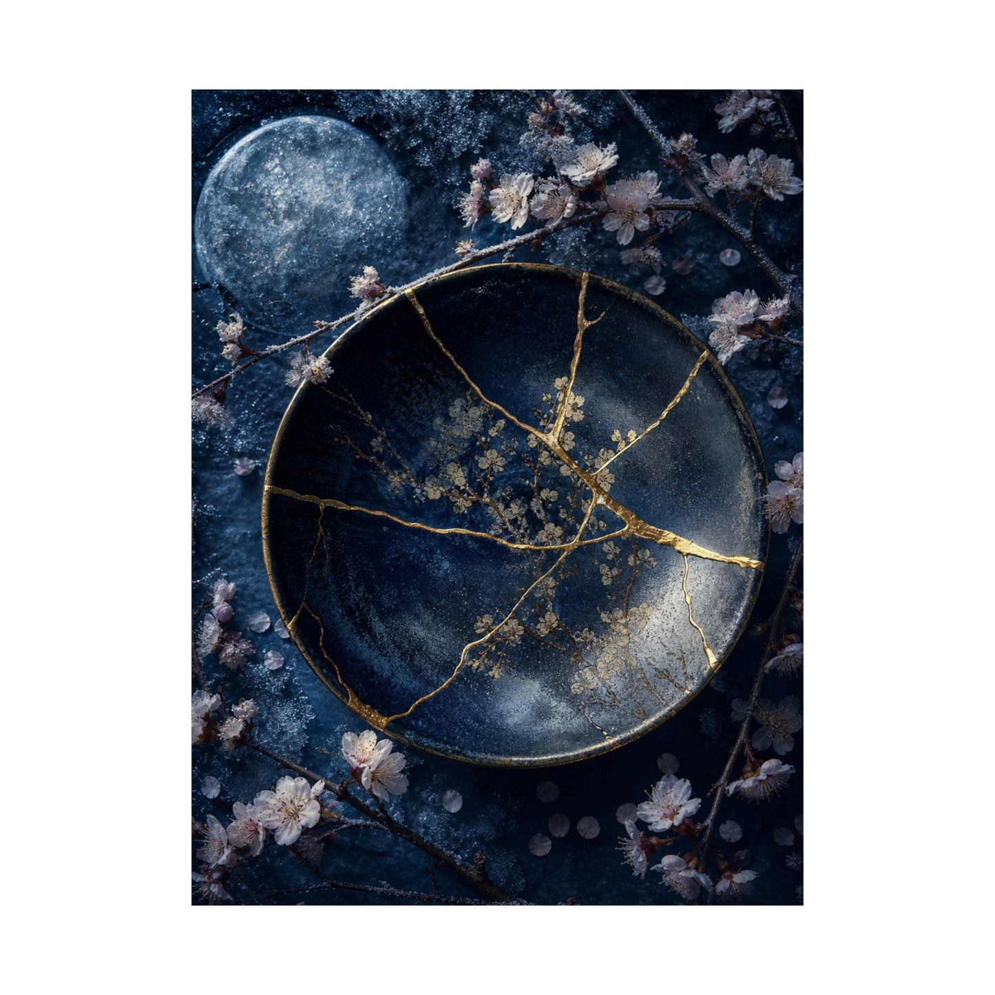 Kintsugi Cherry Blossom in Moonlight | Gold Repair Wall Art Print
