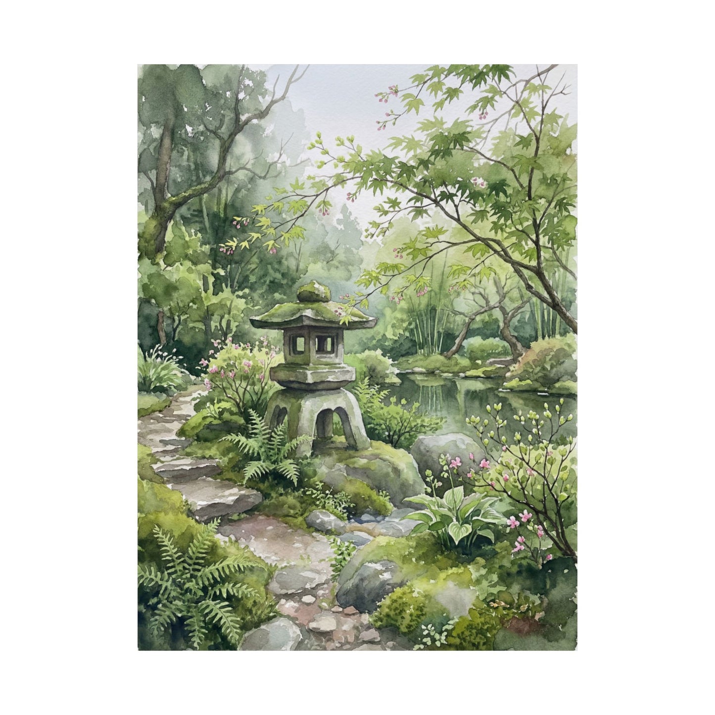 Stone Lantern Spring Wall Art Print | Japandi Elegant Design