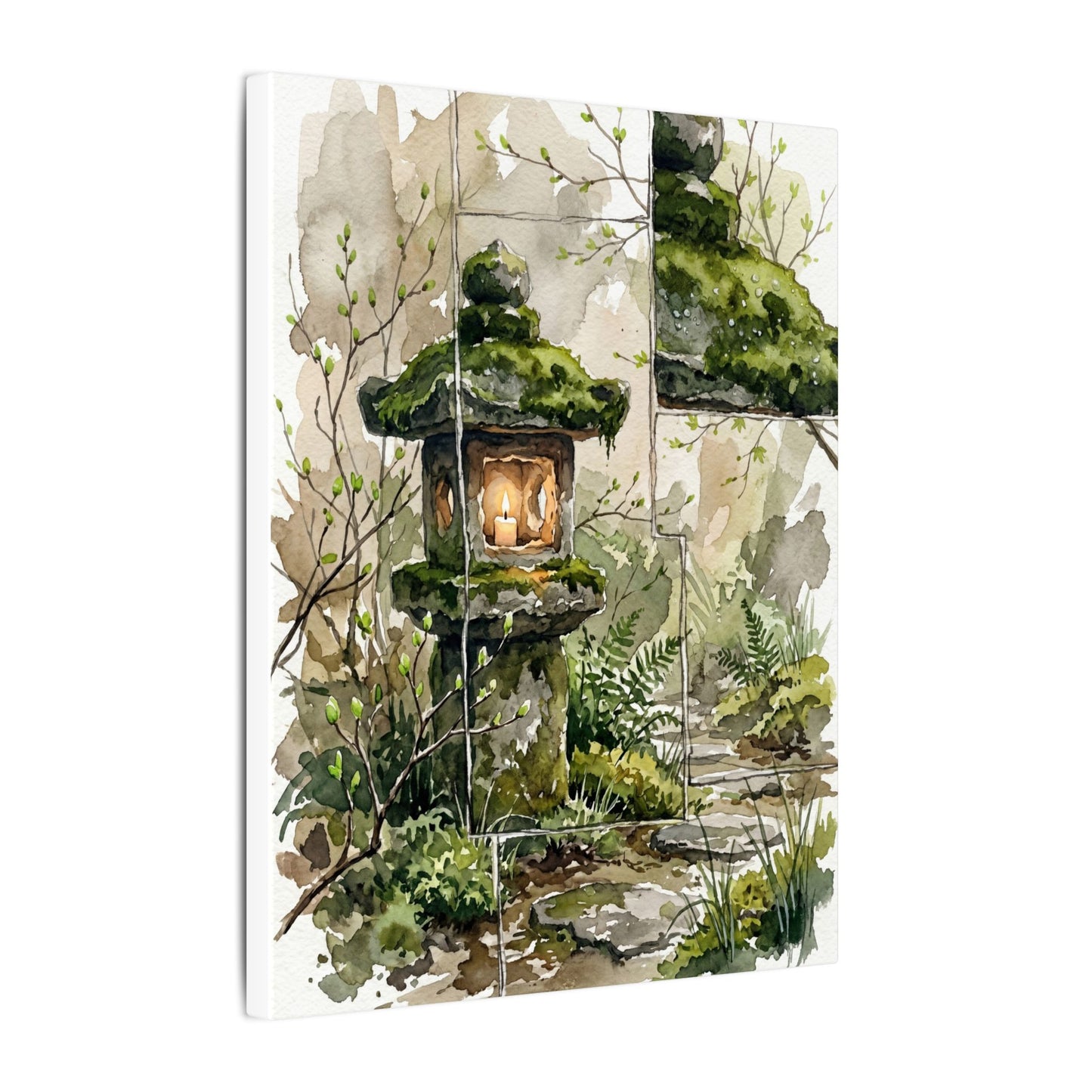 Stone Lantern Watercolor Canvas Art | Elegant Japandi Art