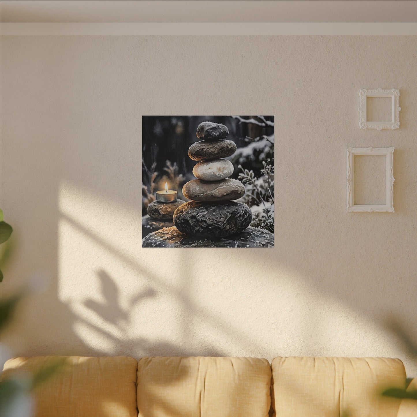 River Stones Canvas Art | Winter Japandi Watercolor Art