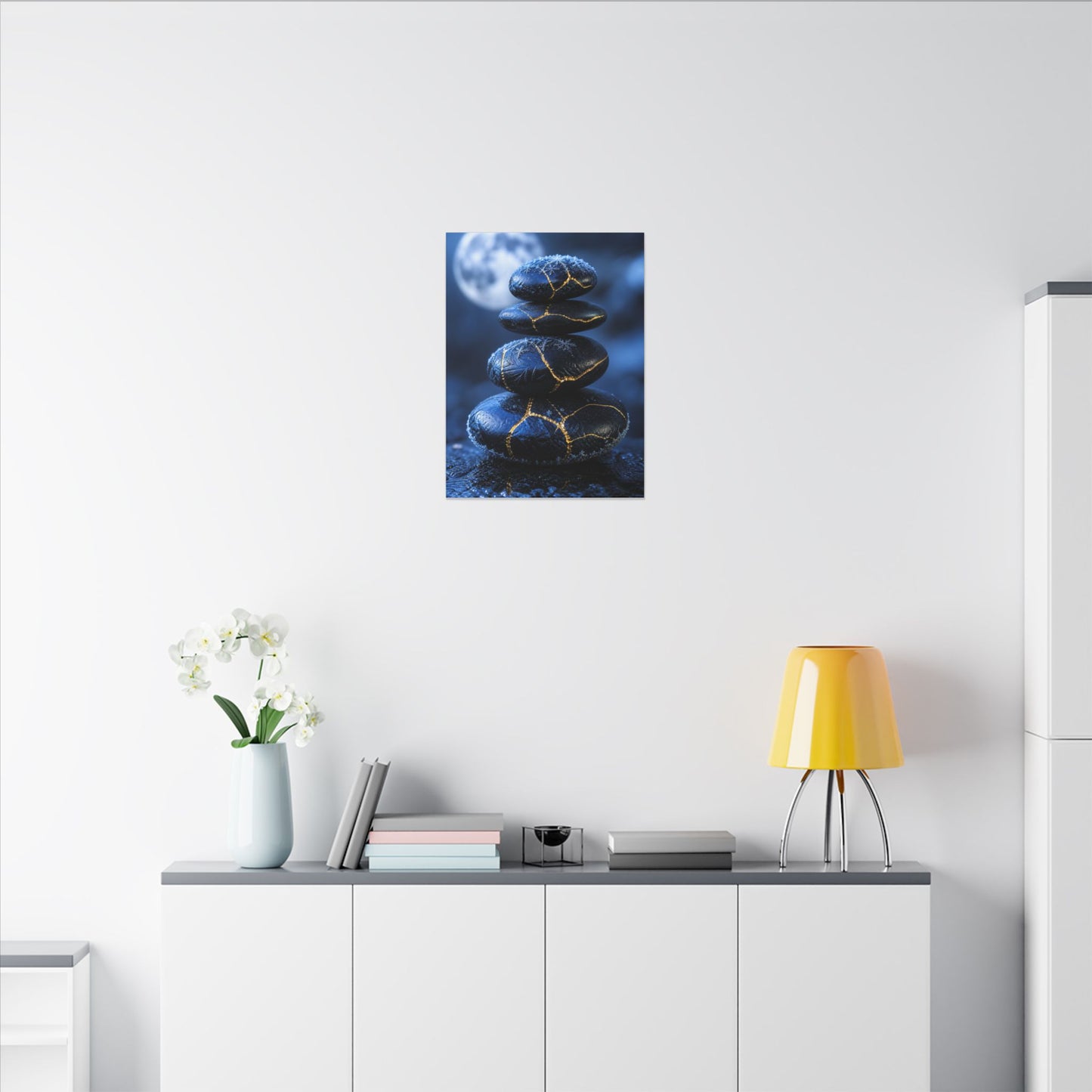 River Stones Canvas Art | Winter Kintsugi Gold Repair Art