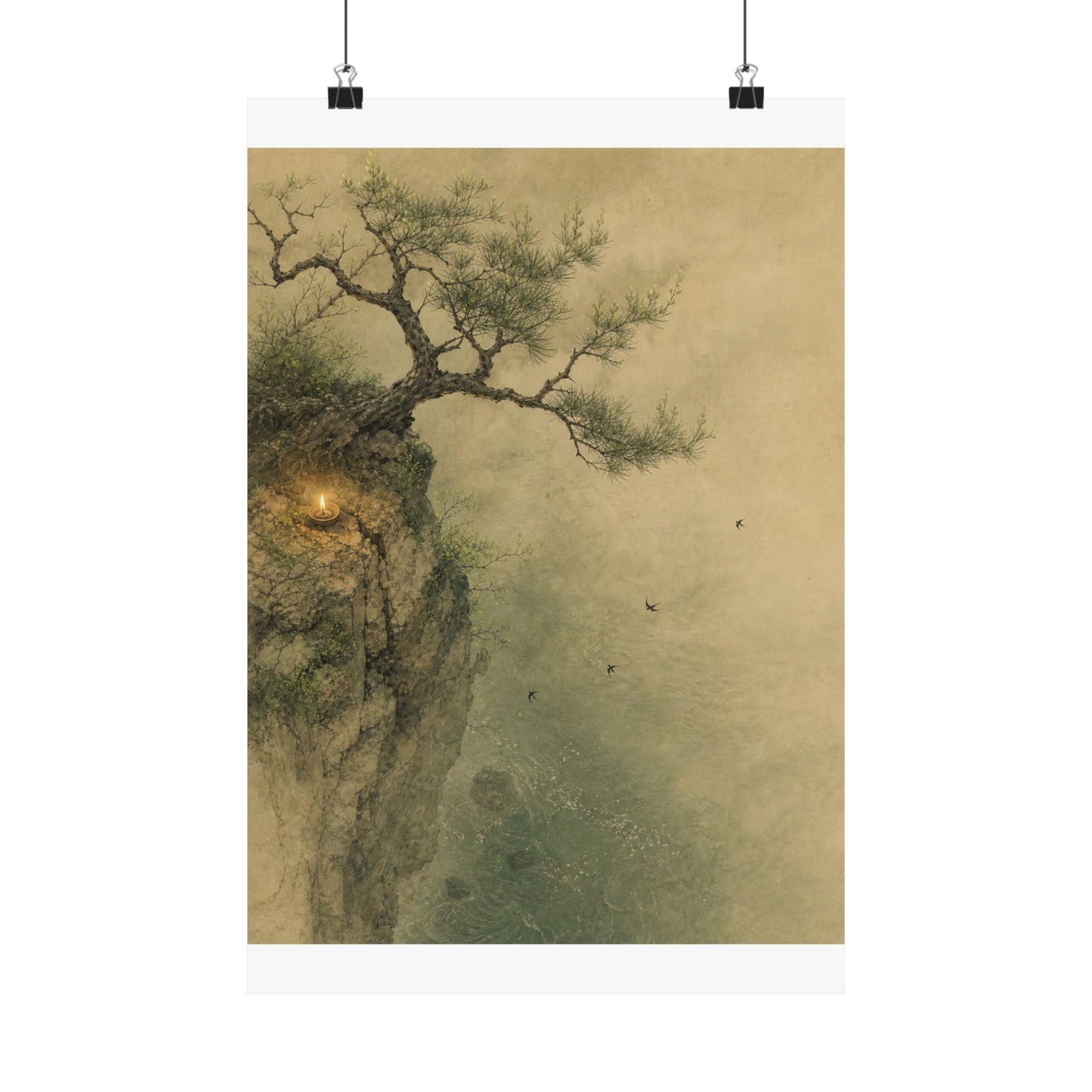 Japandi Pine Tree in Candlelight | Minimal Line Wall Art Print