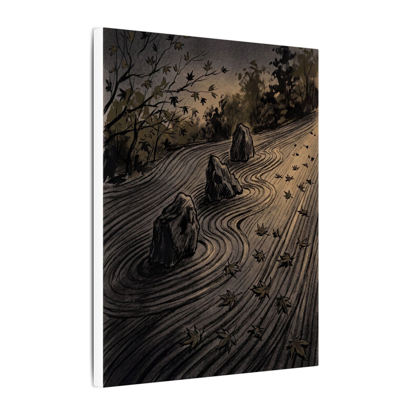 Rock Garden Canvas Art | Autumn Dark Japandi Charcoal Ink Art