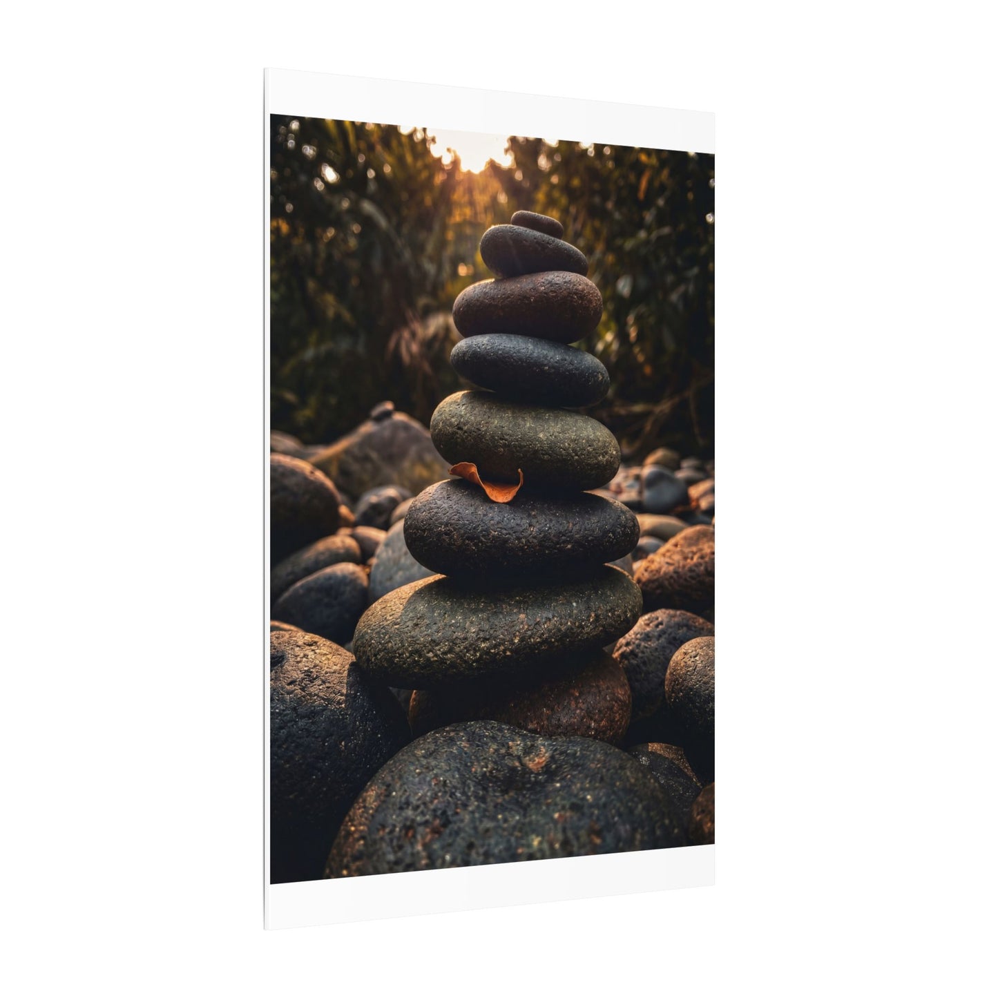 Dark Japandi River Stones in Golden Hour | Moody Minimal Canvas Art