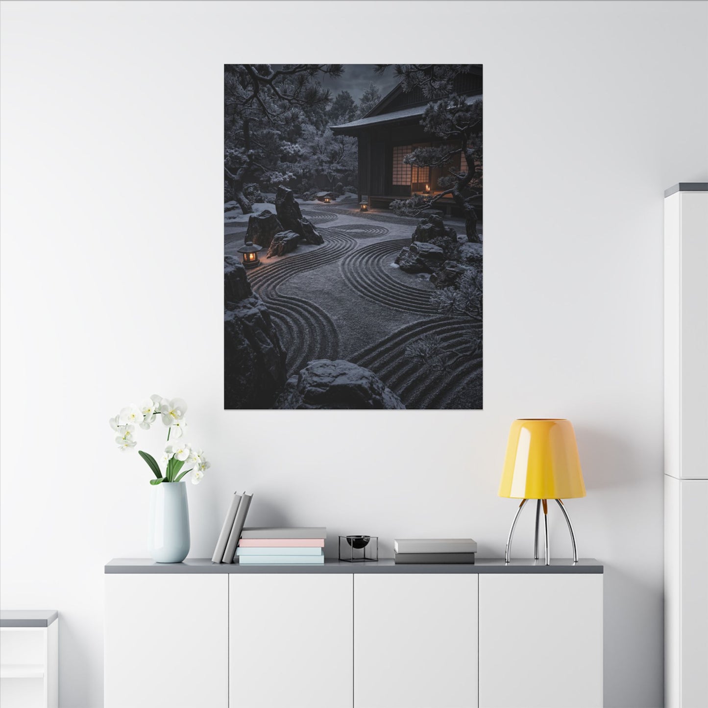 Candlelight Rock Garden Canvas Art - Dark Japandi Fukinsei