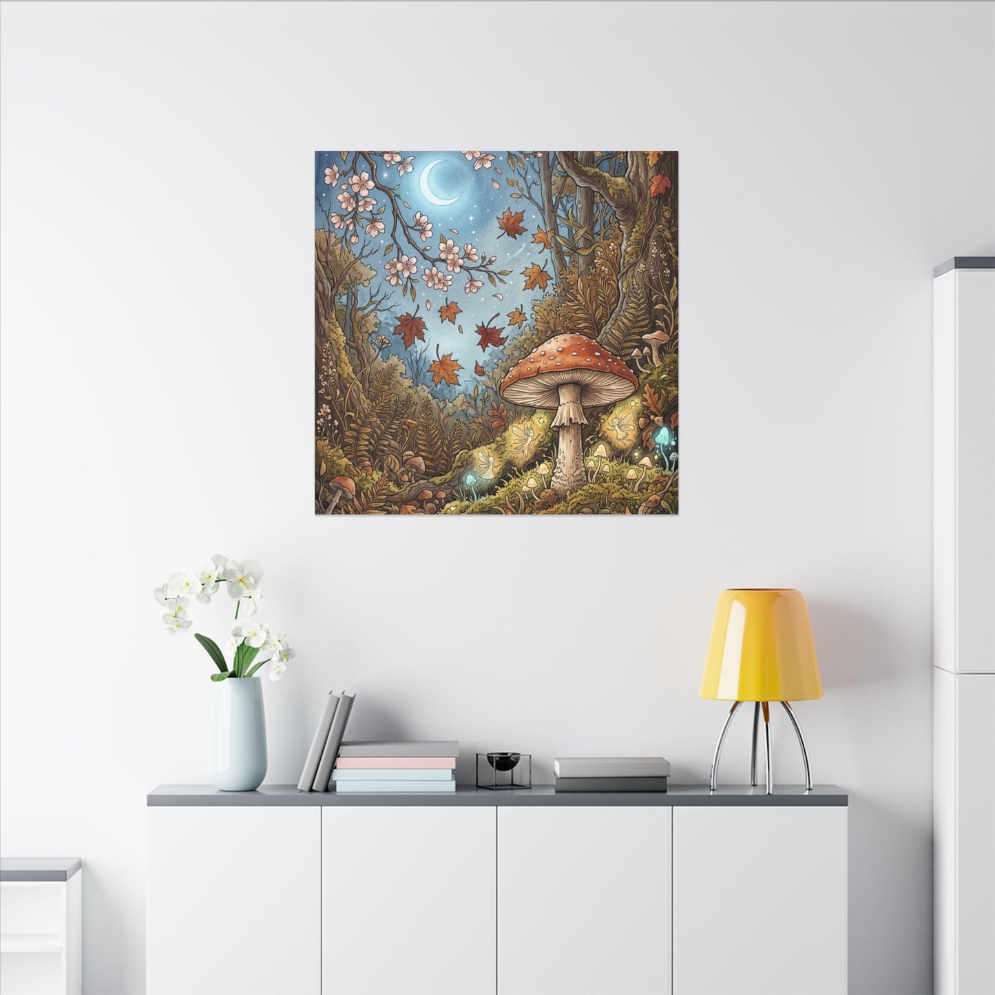 Autumn Cherry Blossom Mushroom Illustration Canvas Art | Enchanting Decor
