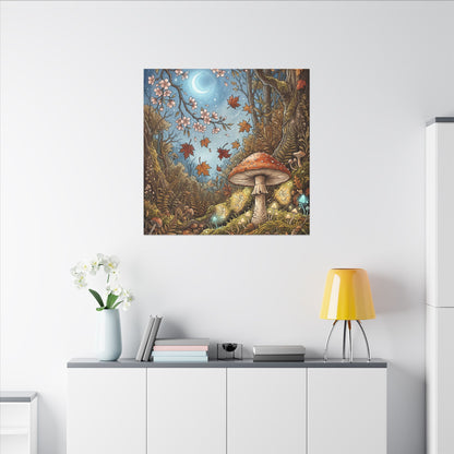 Autumn Cherry Blossom Mushroom Illustration Canvas Art | Enchanting Decor