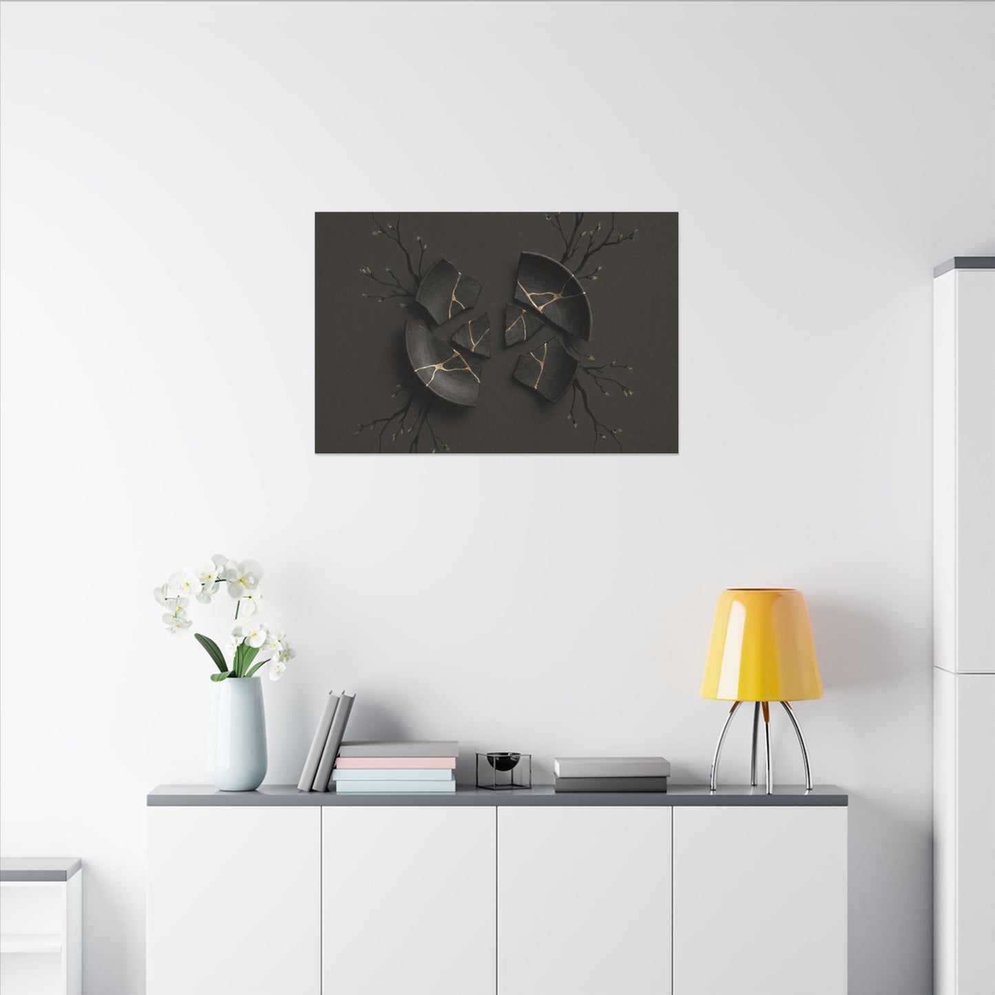 Sophisticated Broken Pottery Canvas Art - Charcoal Ink Dark Japandi