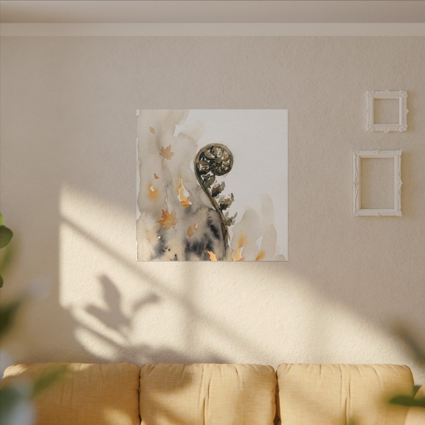 Fern Unfurling Watercolor Canvas Art | Earthy Japandi Art