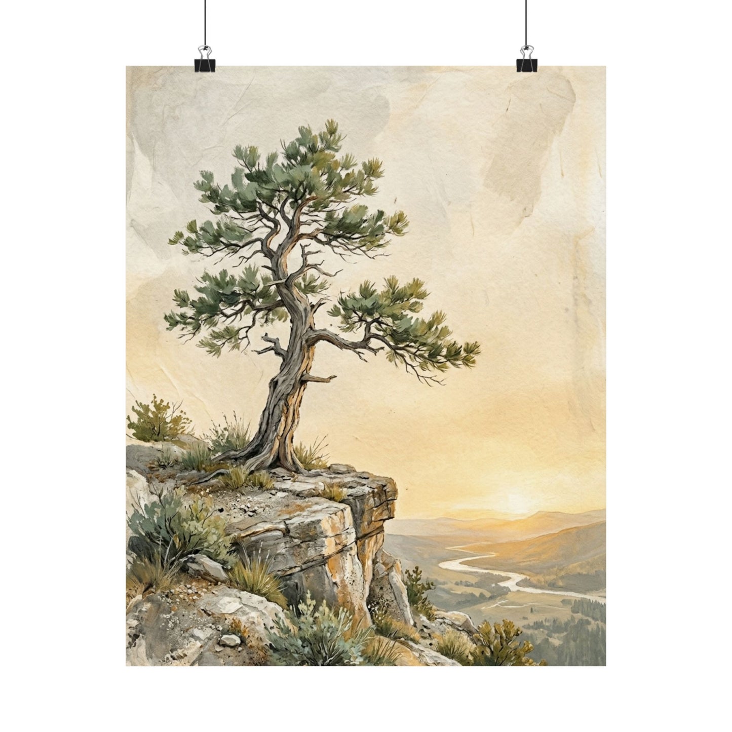 Golden Hour Pine Tree Wall Art Print - Japandi Mono No Aware