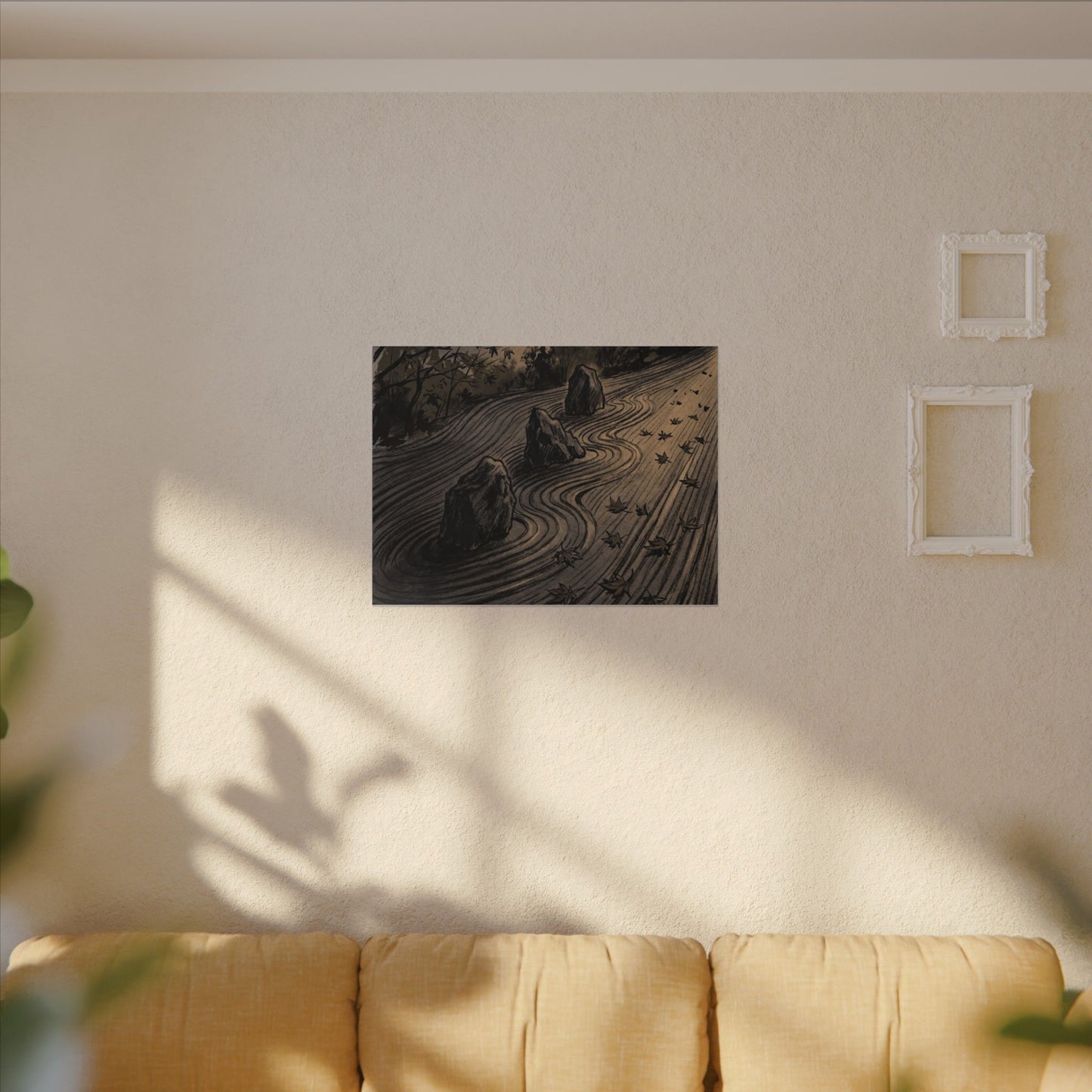 Rock Garden Canvas Art | Autumn Dark Japandi Charcoal Ink Art