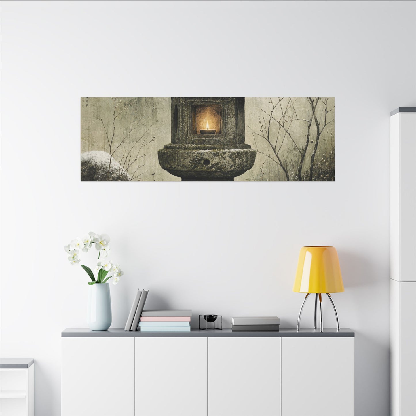 Stone Lantern Winter Canvas Art | Japandi Neutral Design