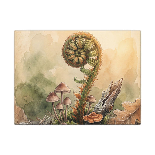 Ma Fern Unfurling Canvas Art - Cottagecore Mushroom Illustration