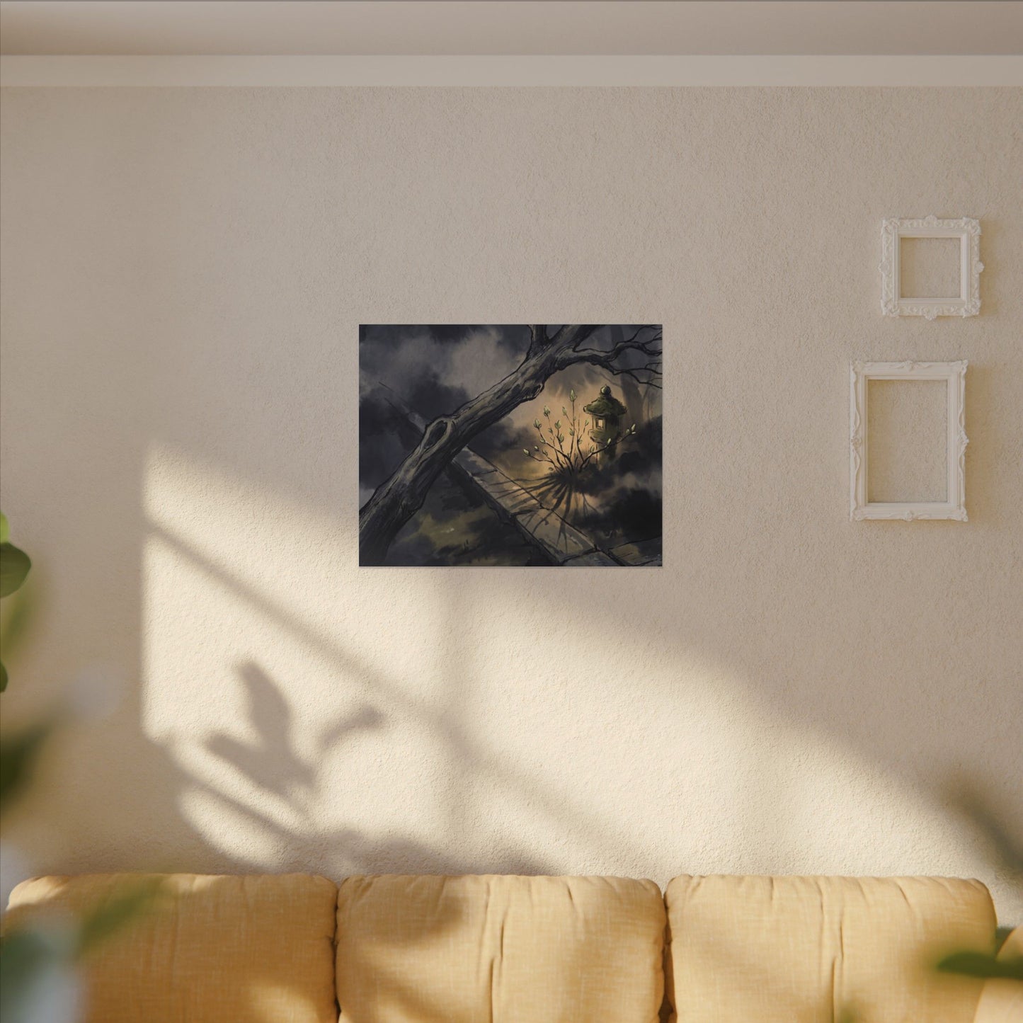 Dark Japandi Moonlit Garden in Golden Hour | Charcoal Ink Canvas Art