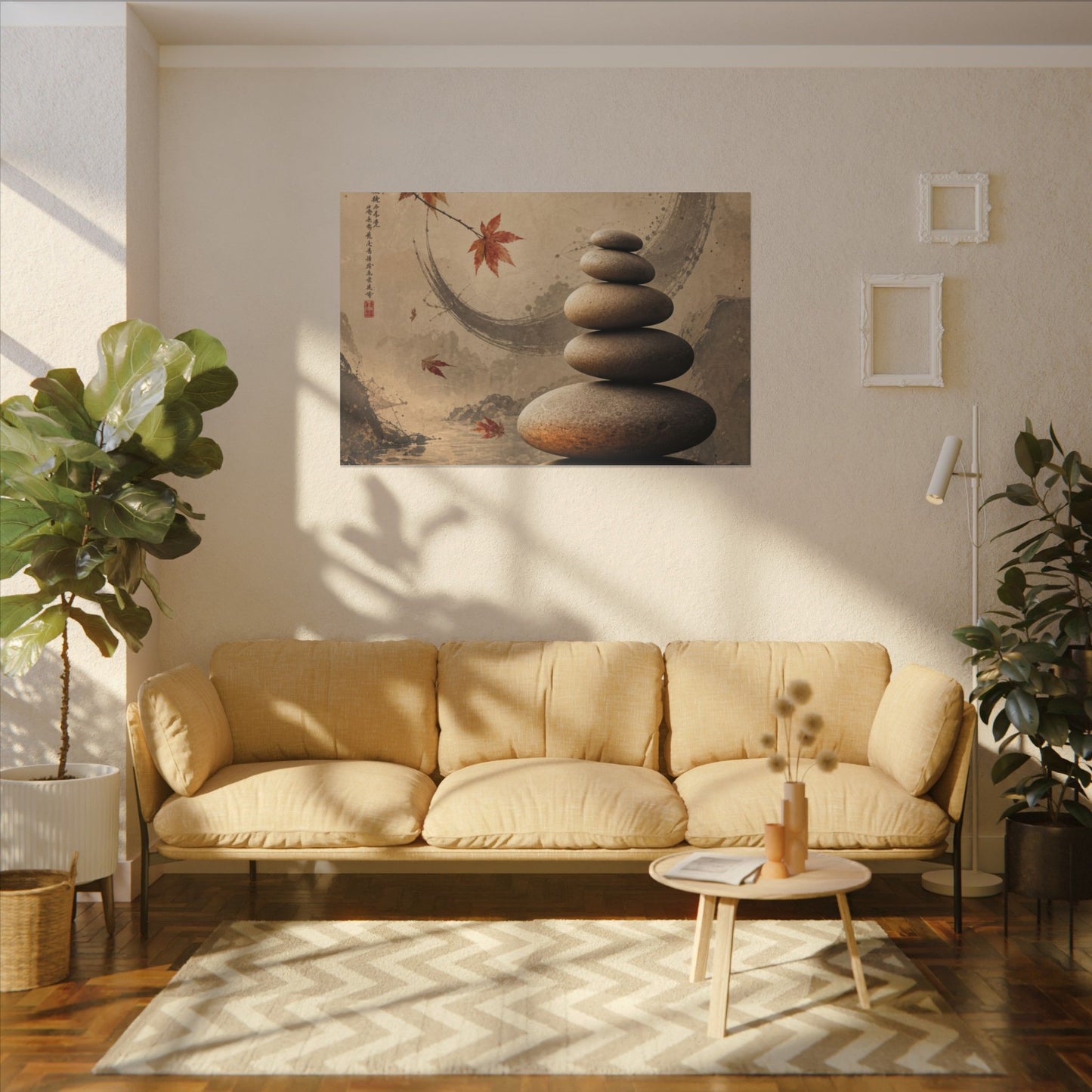 Japandi River Stones in Candlelight | Japanese Pattern Canvas Art