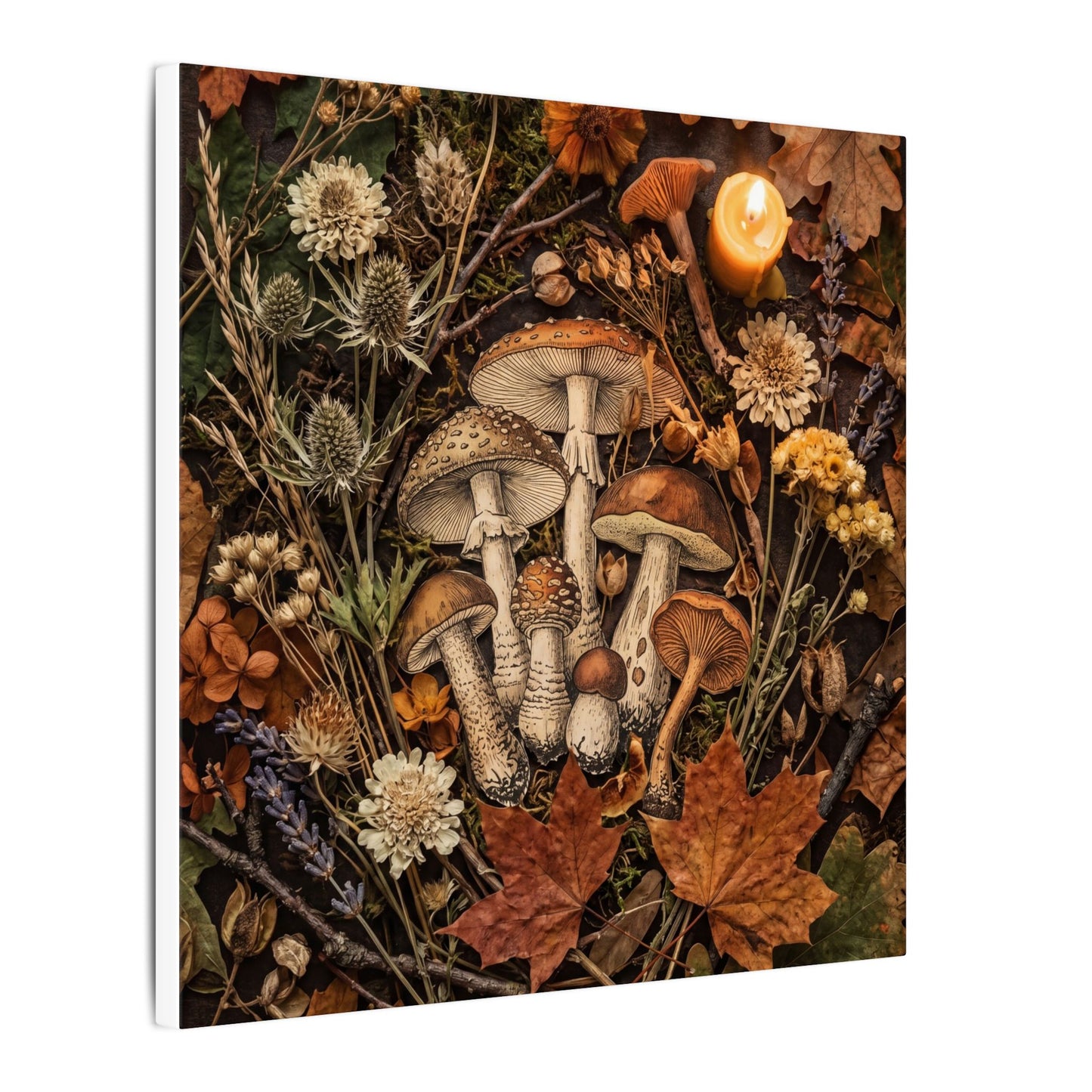 Autumn Dried Flowers Mushroom Illustration Canvas Art | Earthy Decor