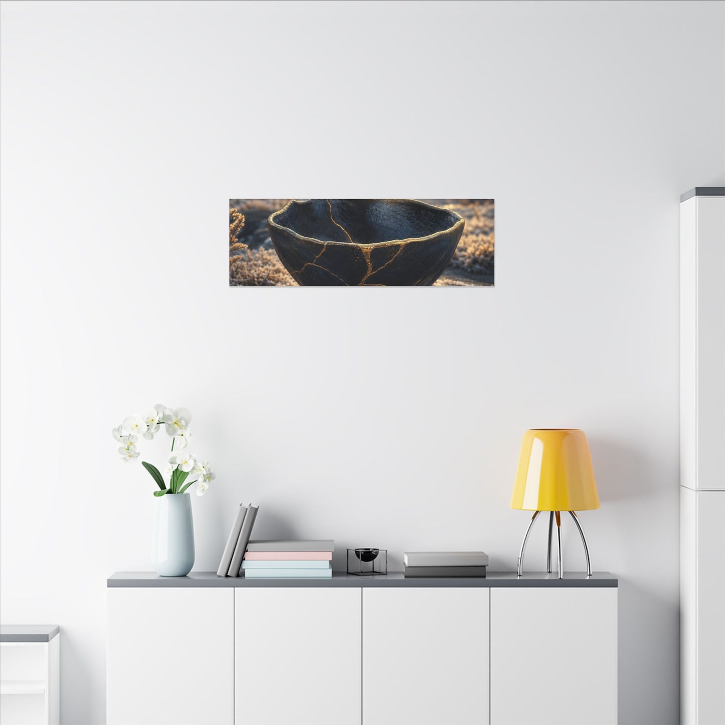 Ceramic Bowl Canvas Art | Winter Kintsugi Gold Repair Art