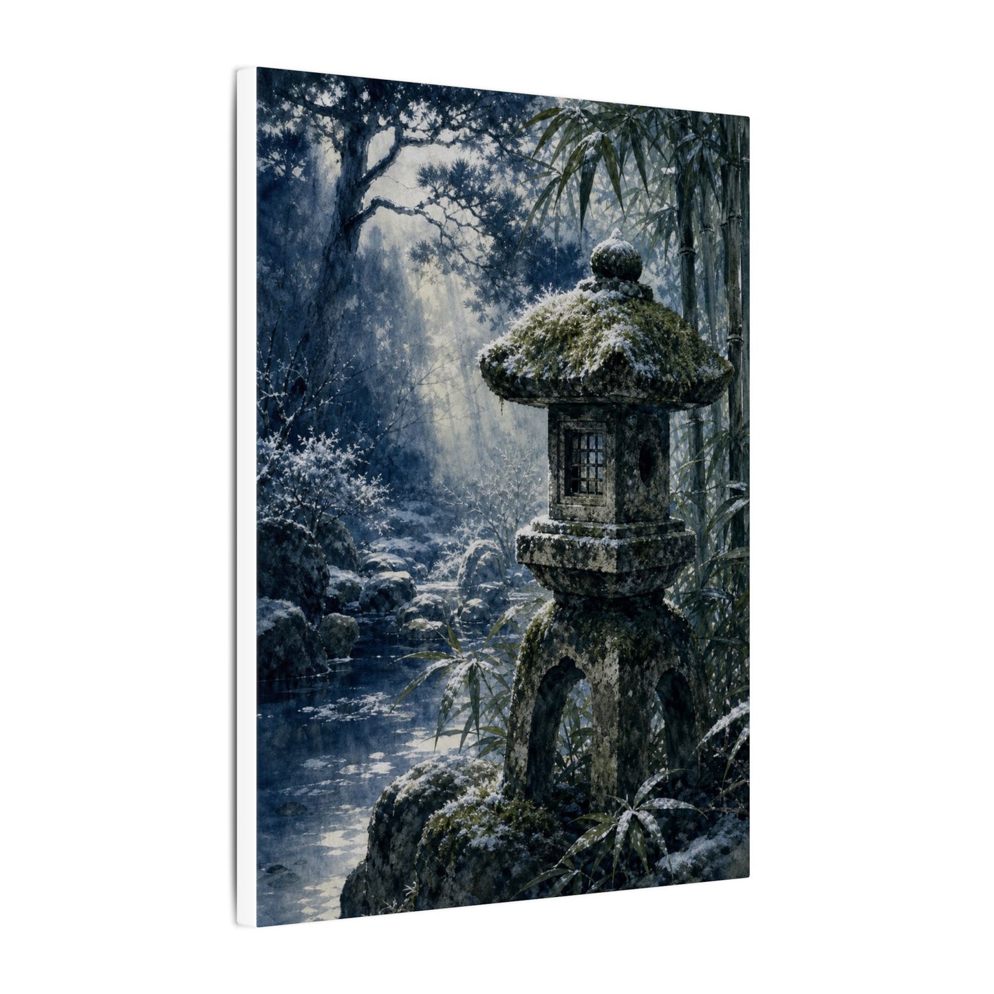 Zen Stone Lantern in Dappled | Sumi E Canvas Art