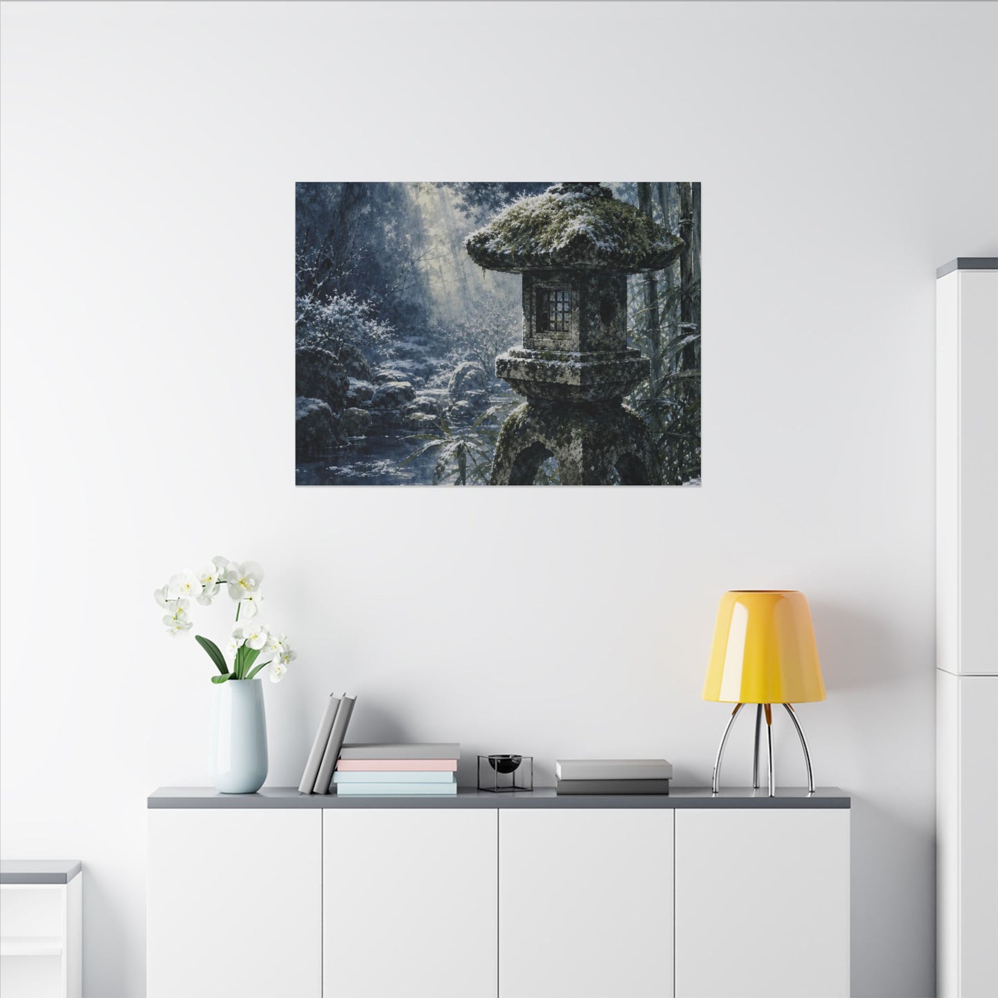 Zen Stone Lantern in Dappled | Sumi E Canvas Art