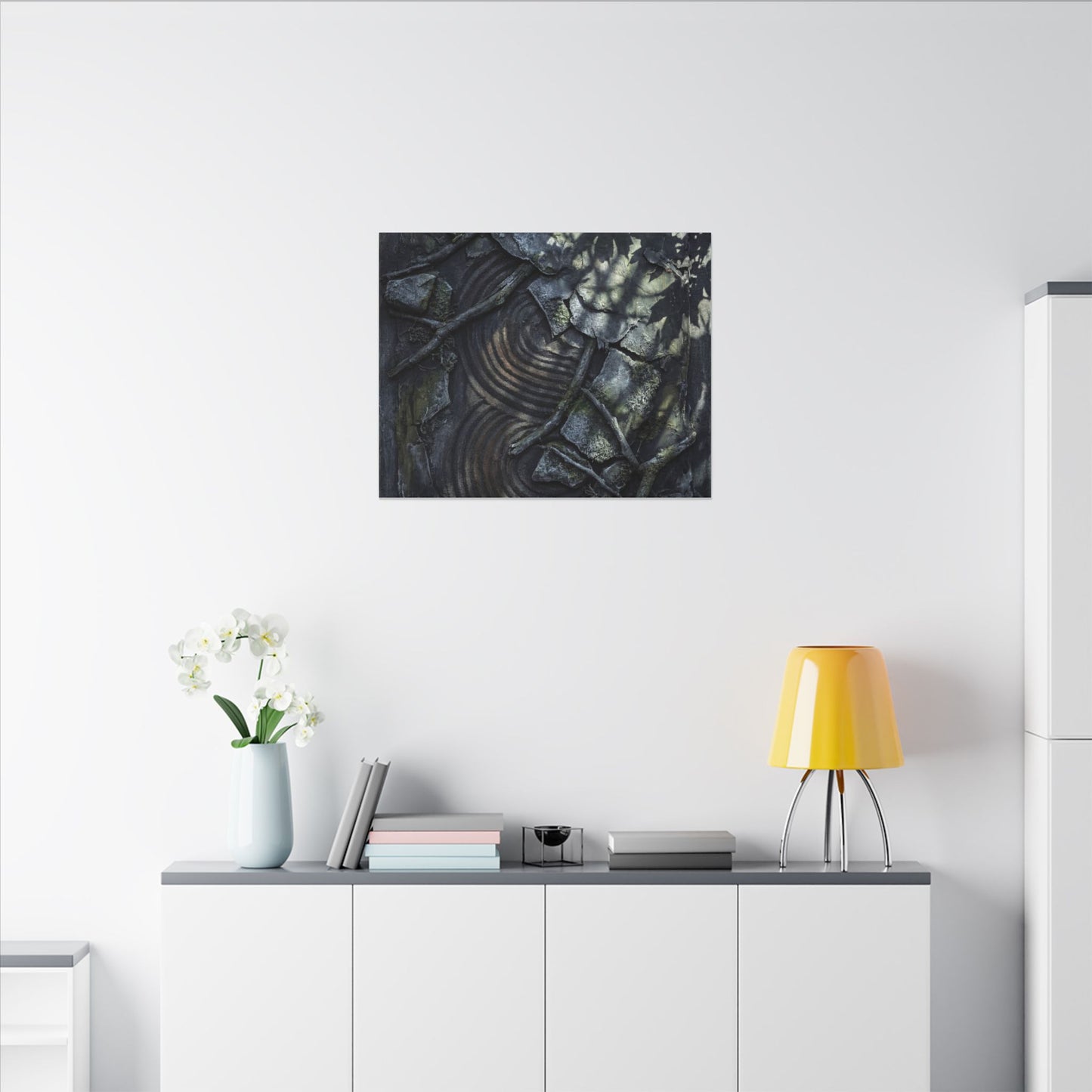 Rock Garden Canvas Art | Winter Dark Japandi Dark Texture Art