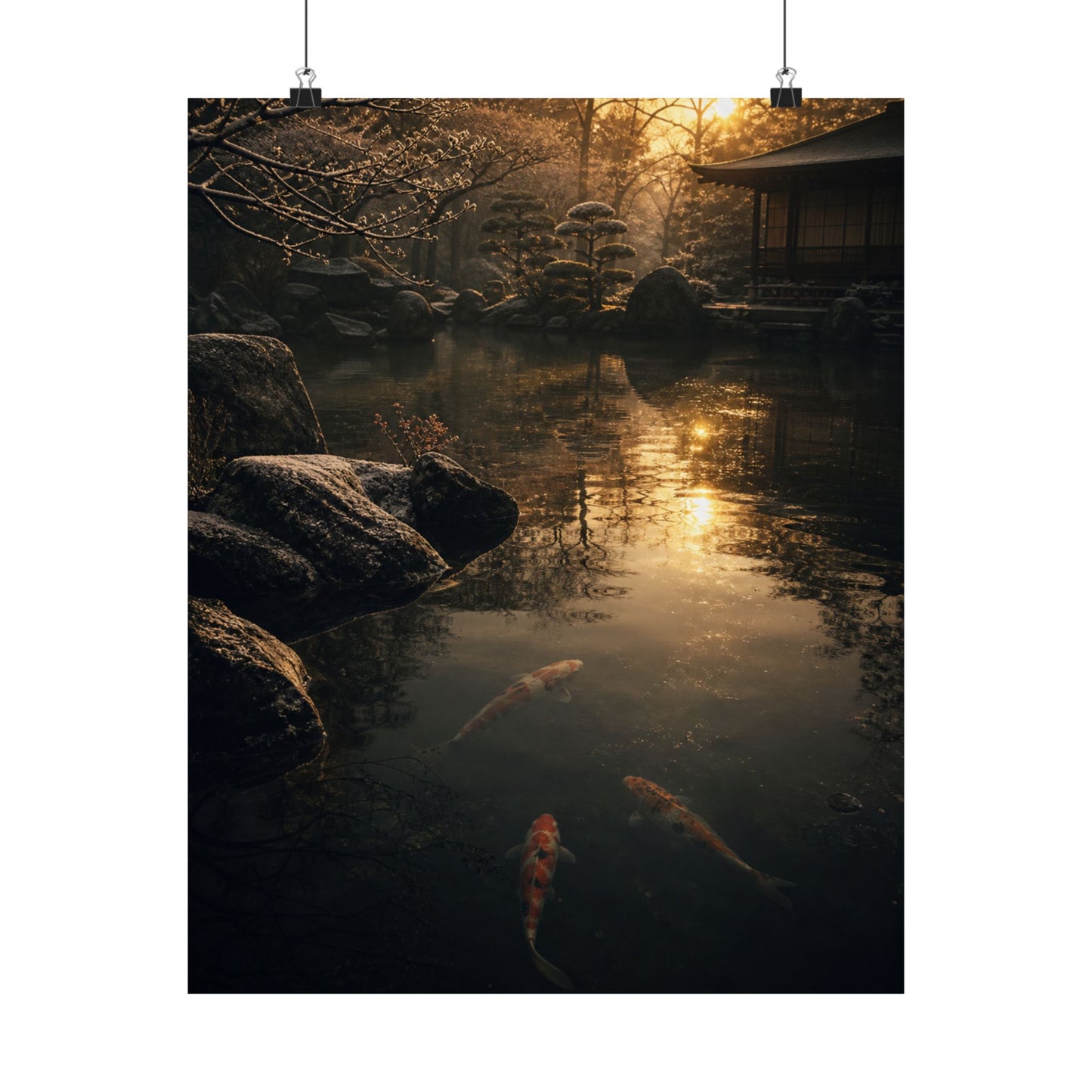 Dark Japandi Koi Pond in Golden Hour | Shadow Zen Wall Art Print
