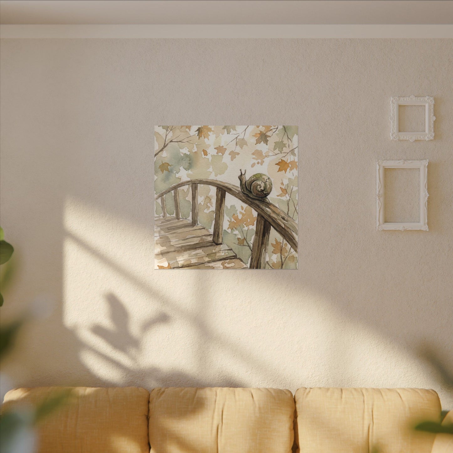 Wooden Bridge Canvas Art | Autumn Japandi Watercolor Art