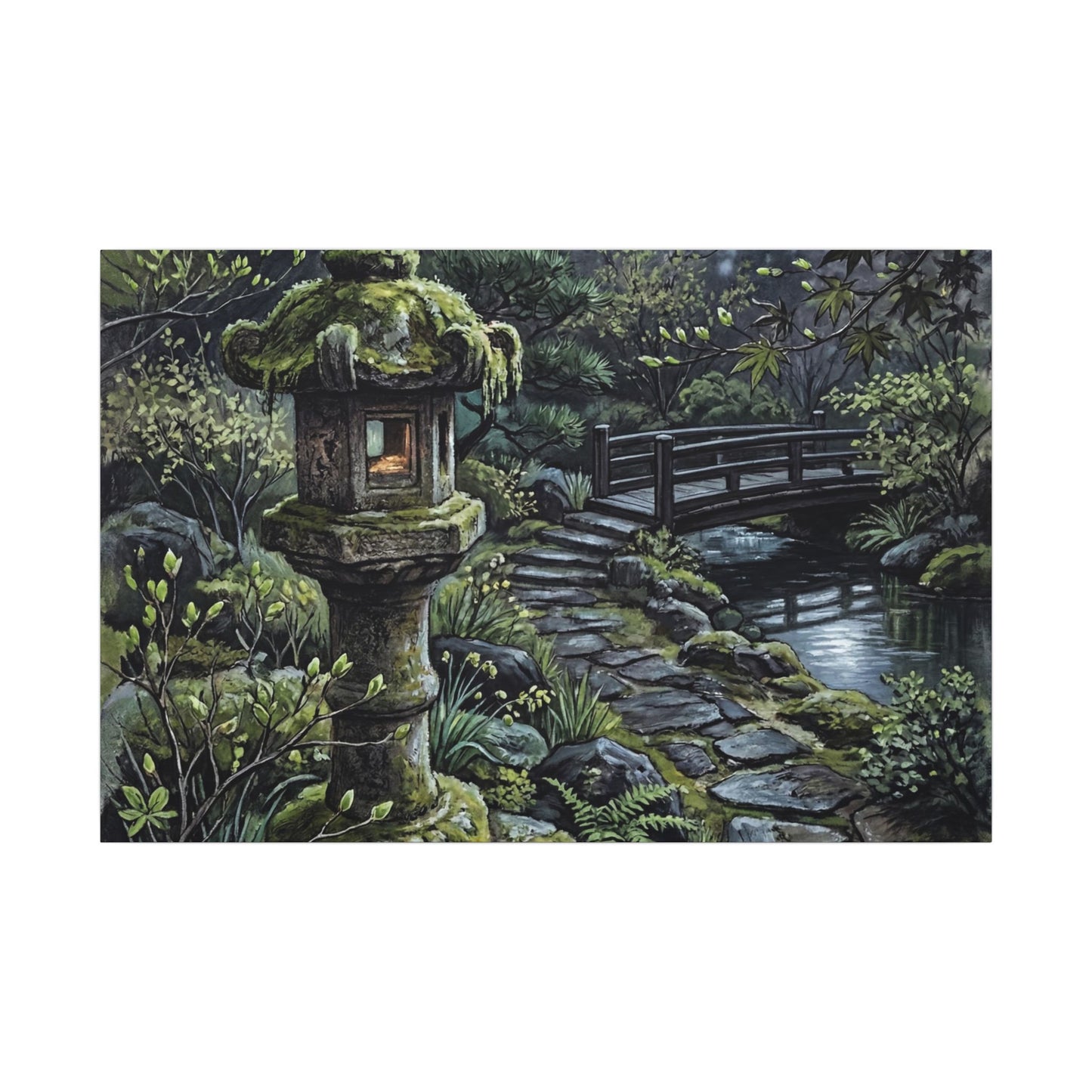 Japandi Stone Lantern in Moonlight | Texture Canvas Art Art Print