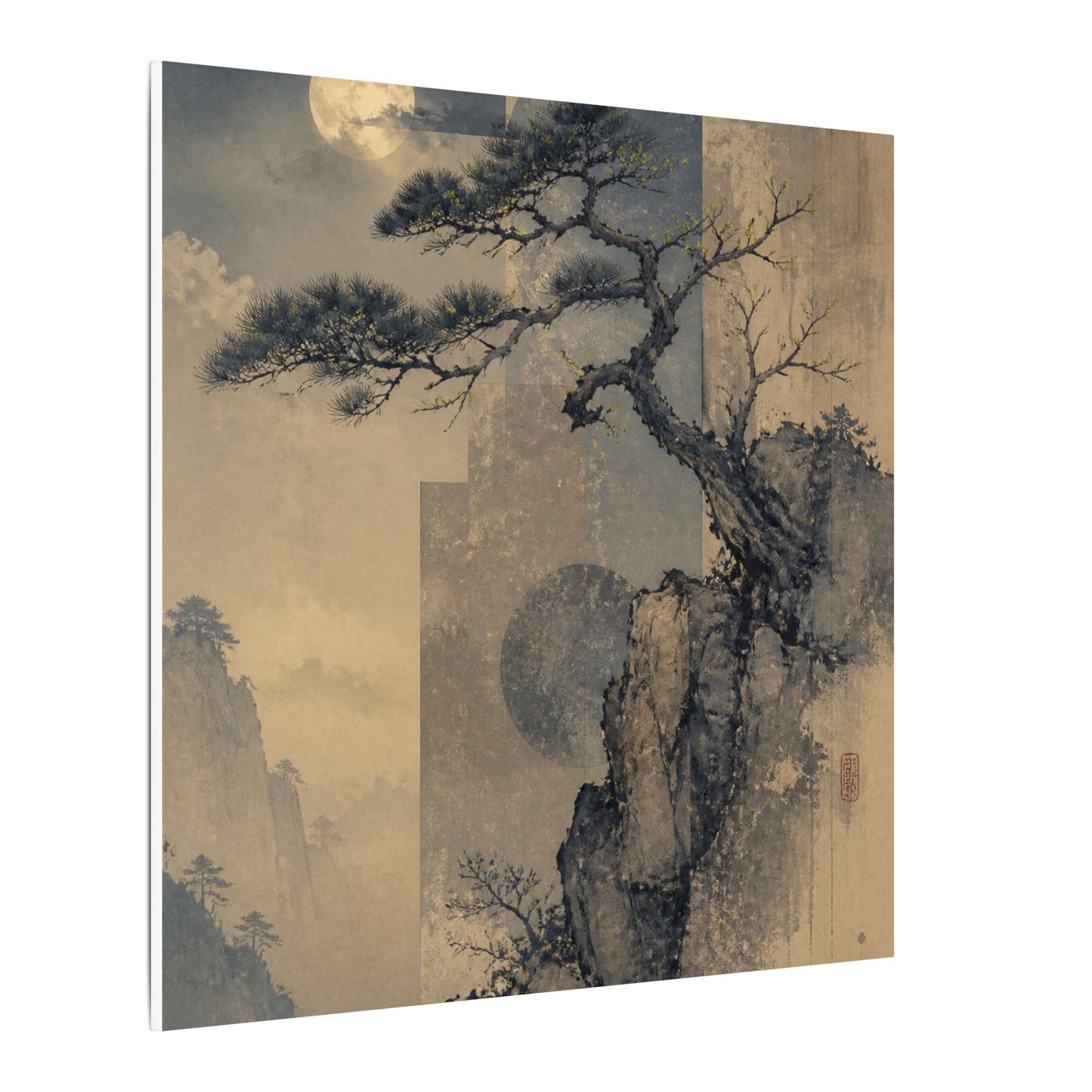 Japandi Pine Tree in Moonlight | Japanese Pattern Canvas Art