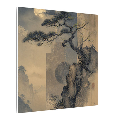 Japandi Pine Tree in Moonlight | Japanese Pattern Canvas Art
