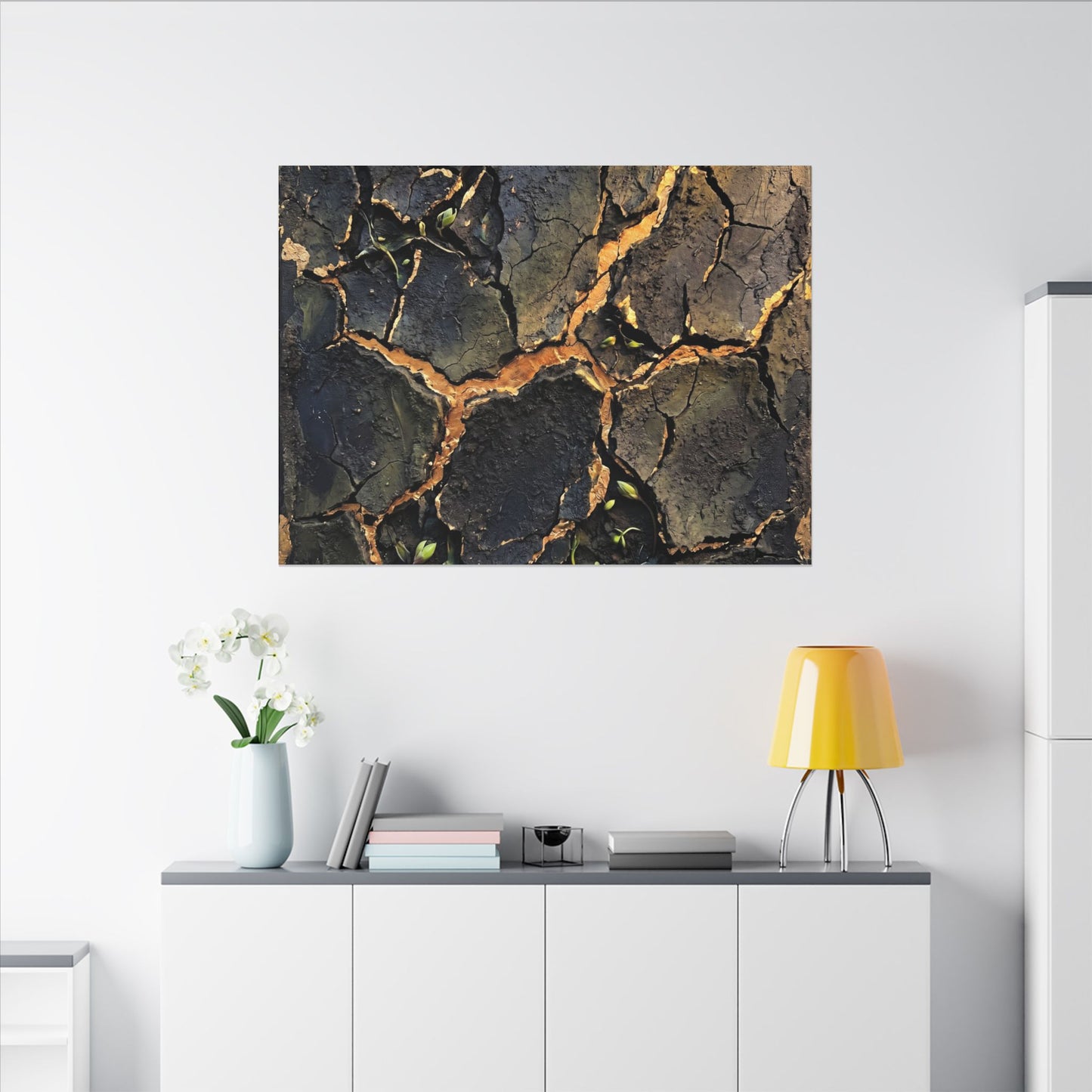 Cracked Earth Spring Canvas Art | Dark Japandi Atmospheric Design