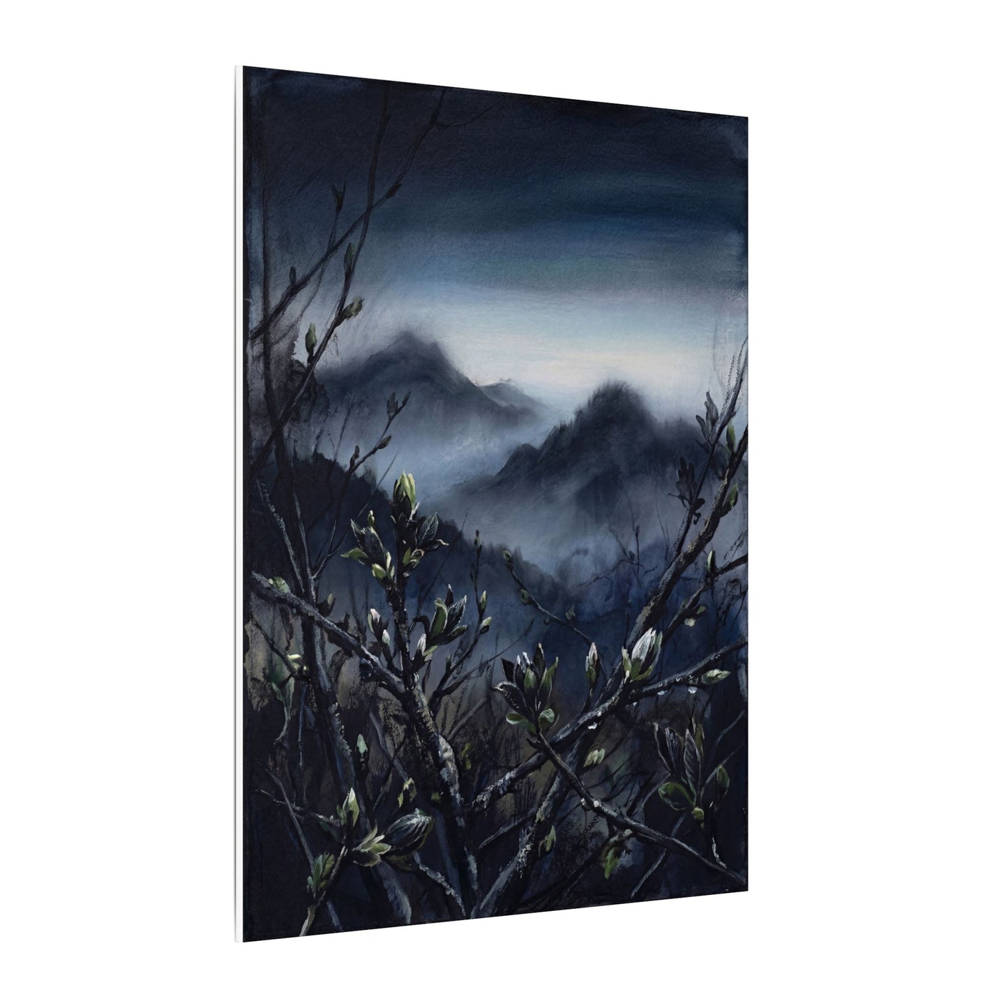 Mountain Mist Spring Canvas Art | Dark Japandi Atmospheric Design