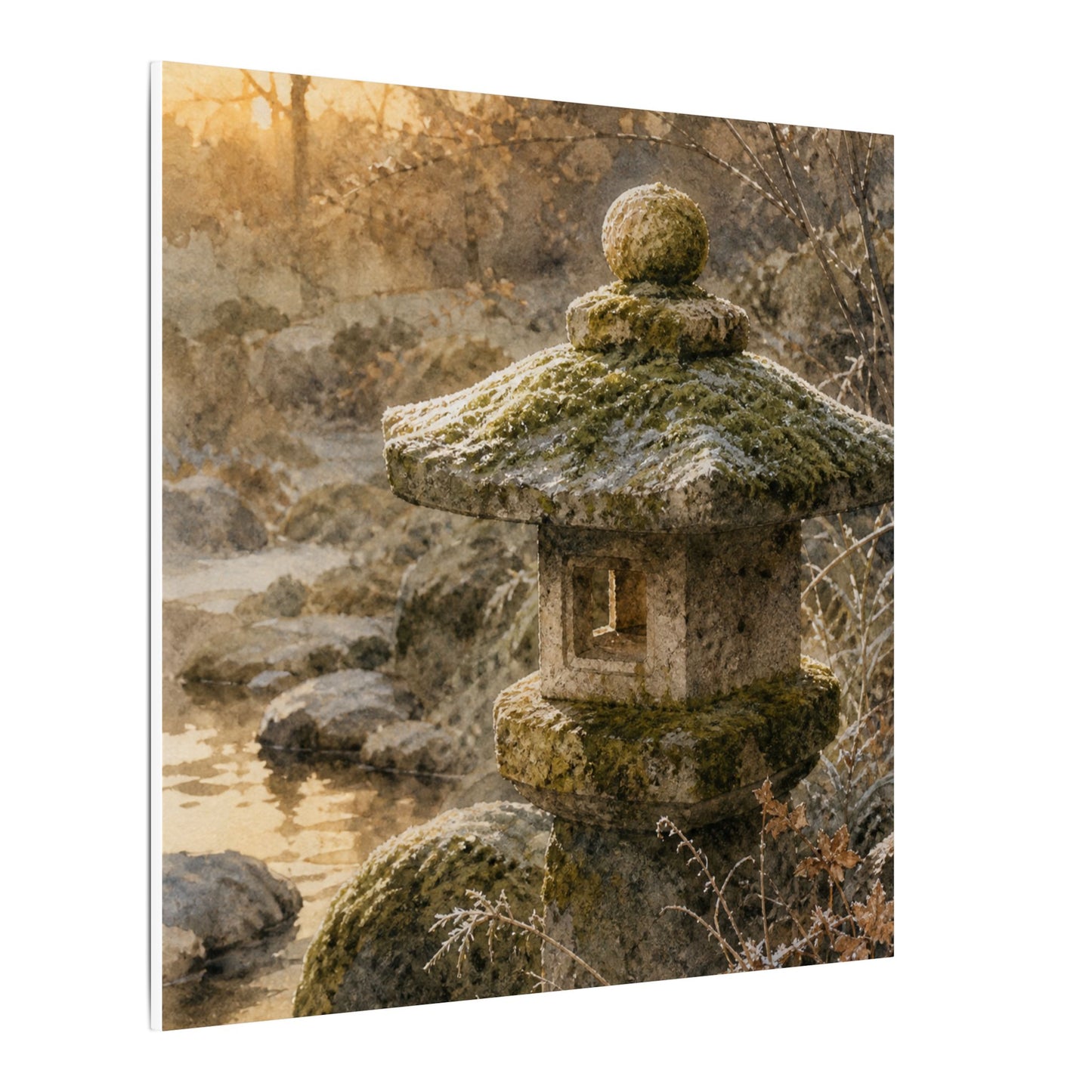 Winter Stone Lantern Watercolor Canvas Art | Earthy Decor