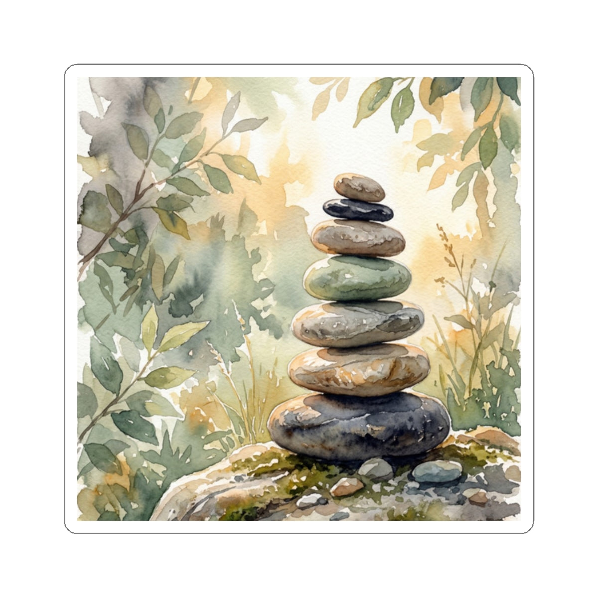 Mono No Aware River Stones Sticker - Japandi Watercolor Art Print