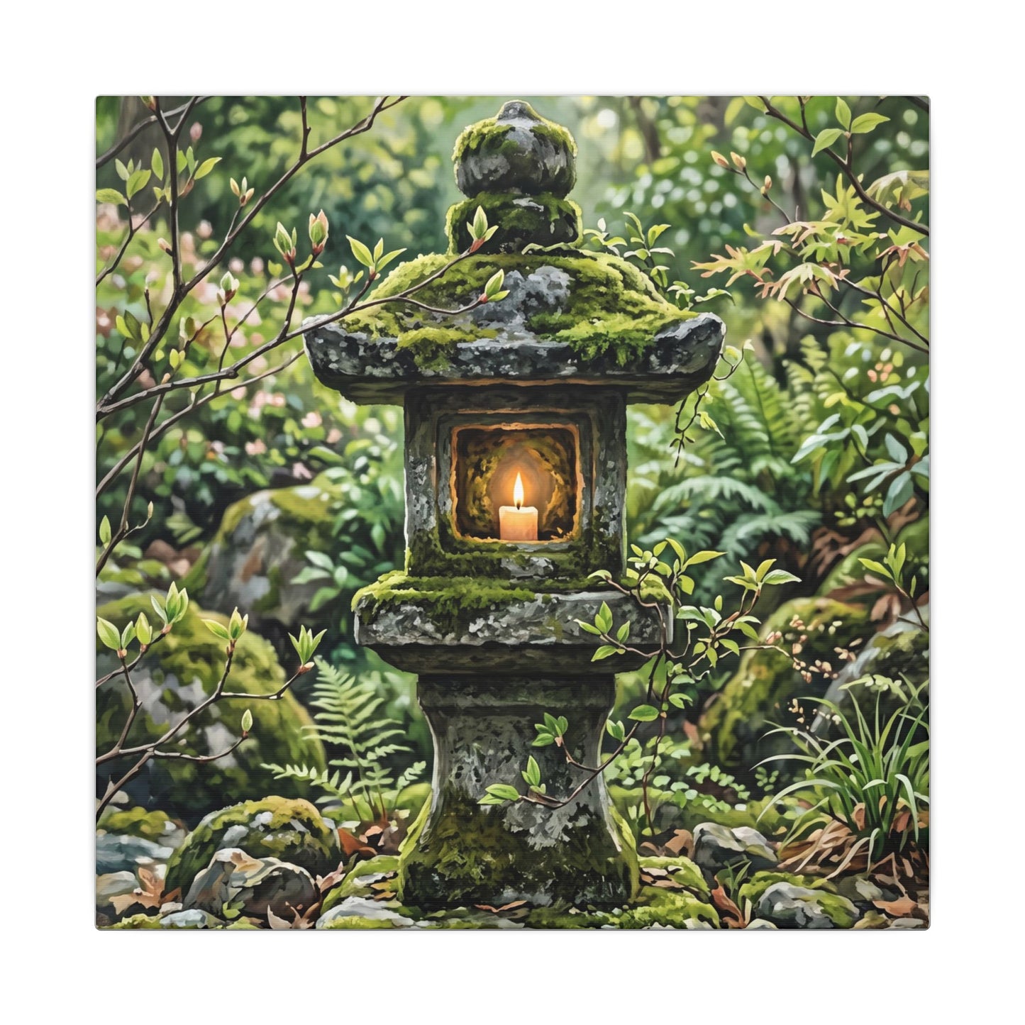 Neutral Stone Lantern Canvas Art - Japanese Pattern Japandi