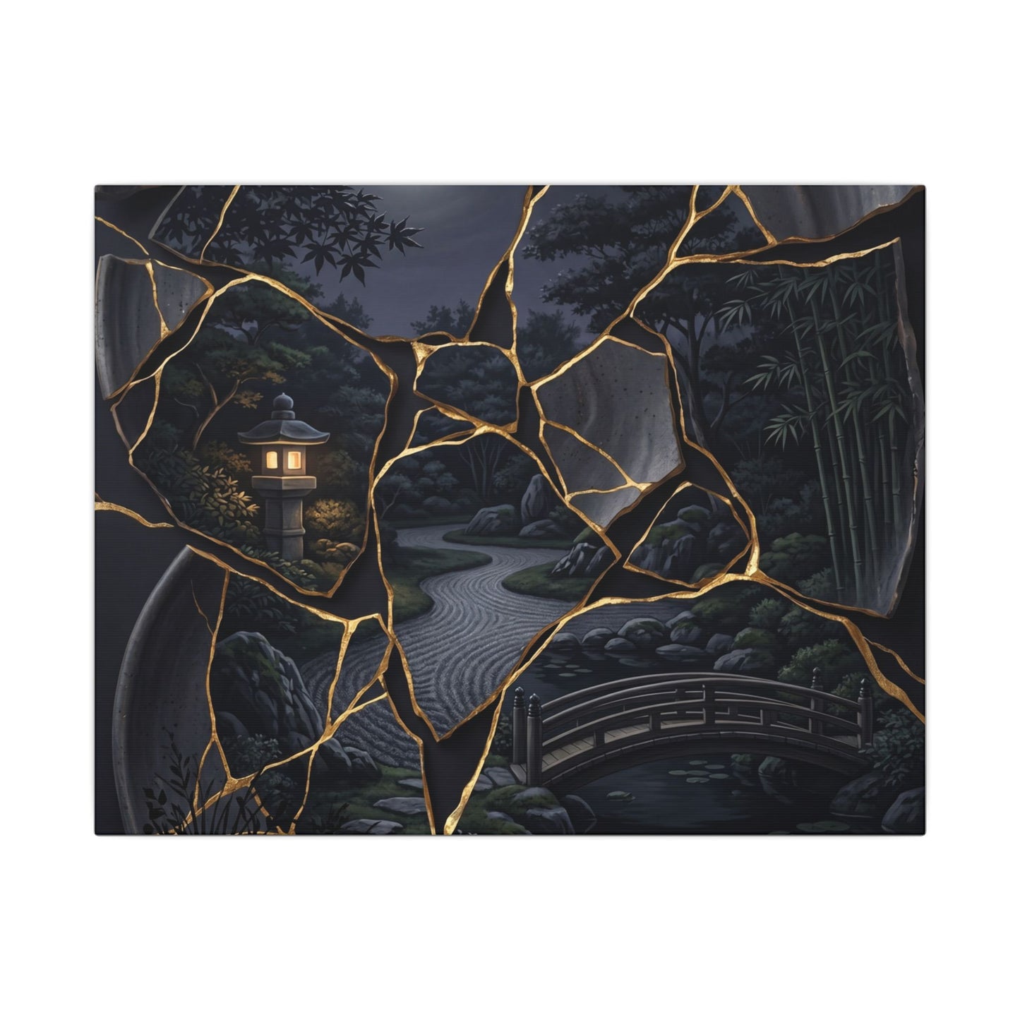 Kintsugi Moonlit Garden in Golden Hour | Gold Repair Canvas Art