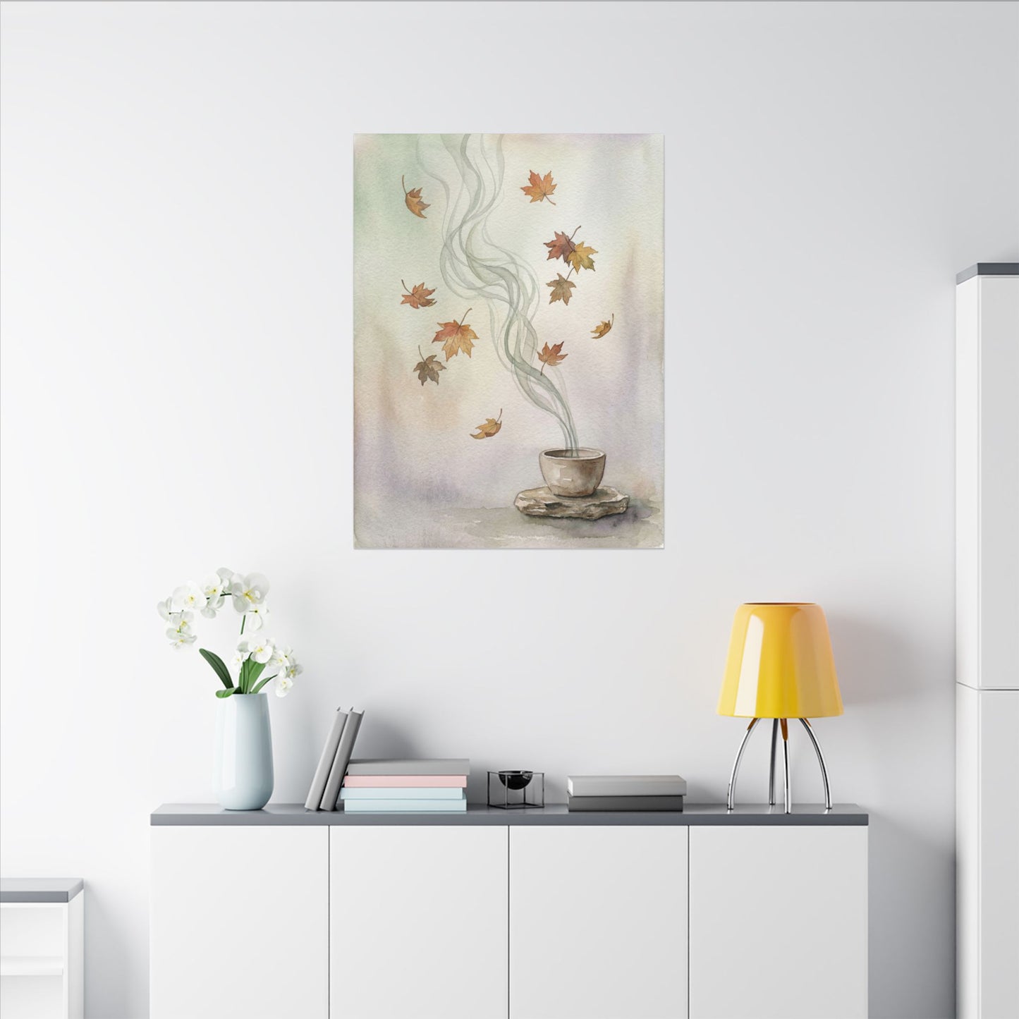 Incense Smoke Canvas Art | Autumn Japandi Watercolor Art