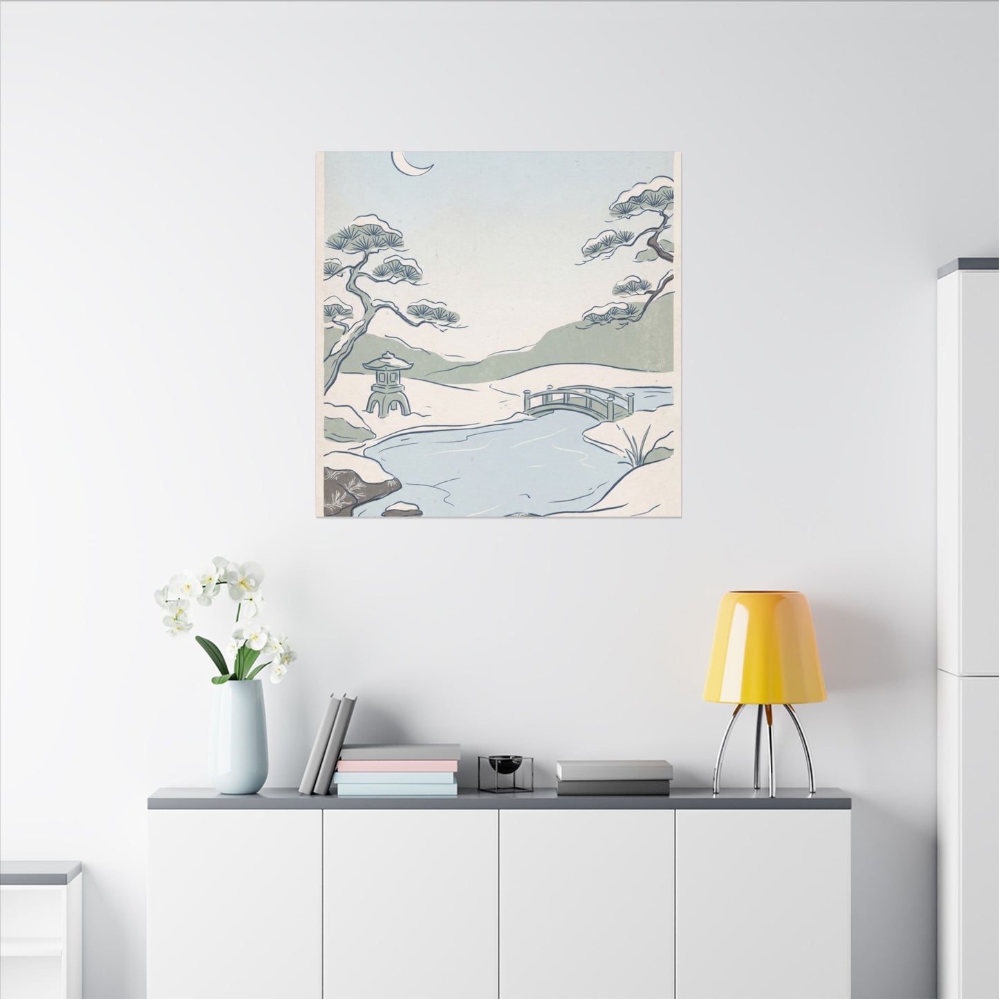 Japandi Moonlit Garden in Moonlight | Minimal Line Canvas Art