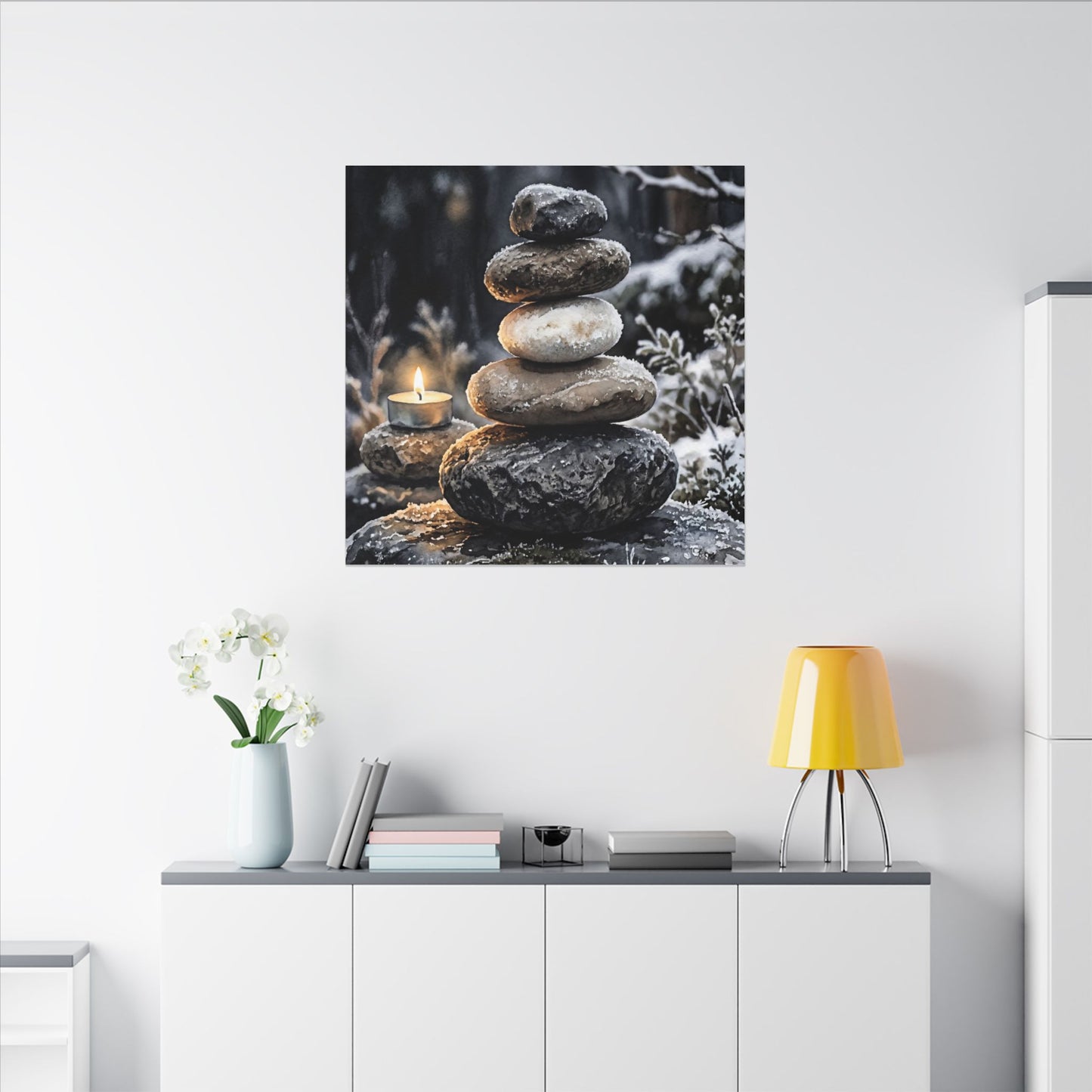 River Stones Canvas Art | Winter Japandi Watercolor Art