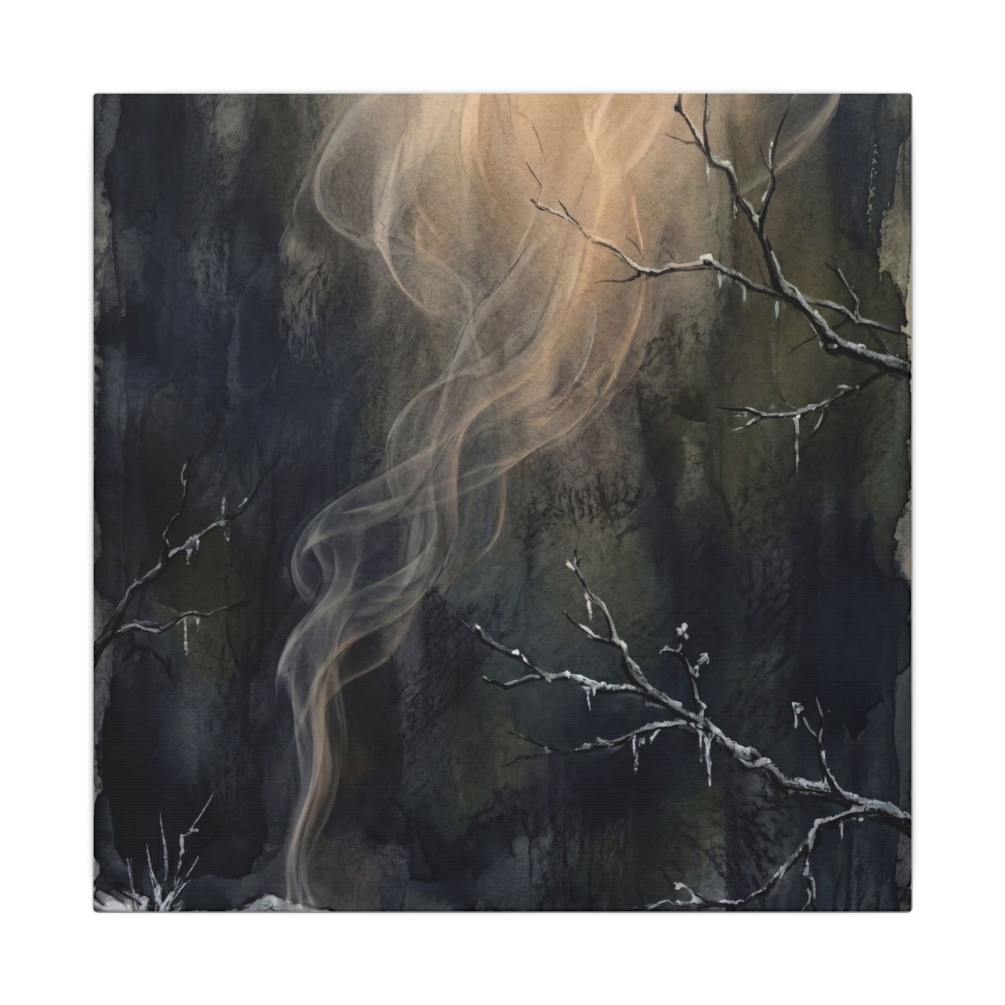 Incense Smoke Winter Canvas Art | Dark Japandi Moody Design